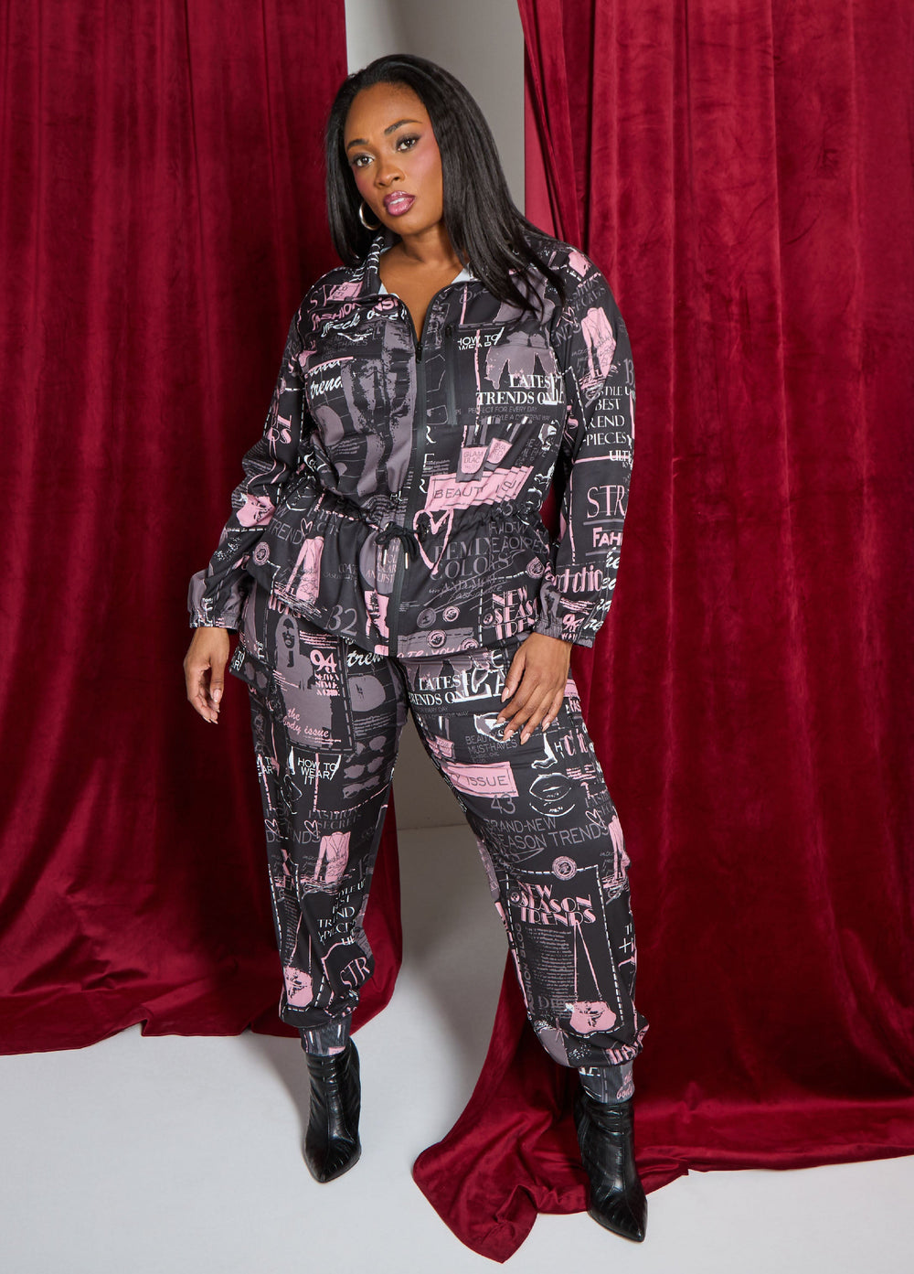 Newspaper Print Cargo Joggers Black Combo | Ashley Stewart