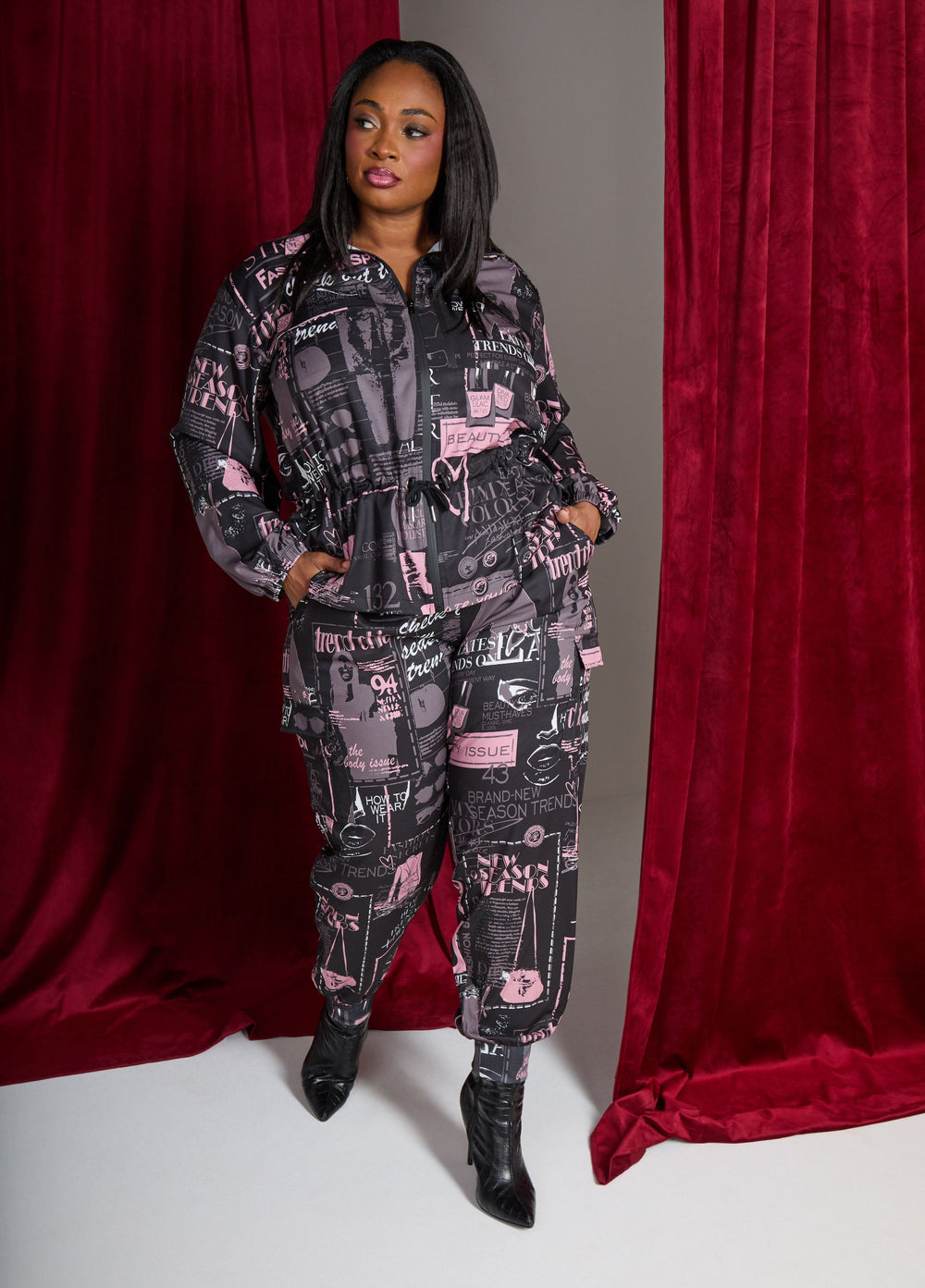 Newspaper Print Cargo Joggers Black Combo | Ashley Stewart
