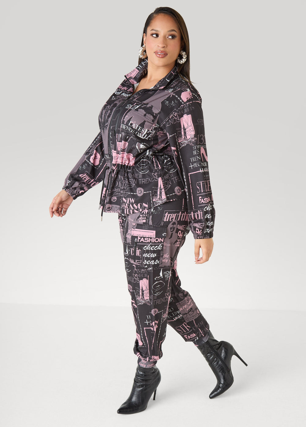 Newspaper Print Cargo Joggers Black Combo | Ashley Stewart