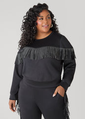 Studded Fringe Pullover Black | Ashley Stewart