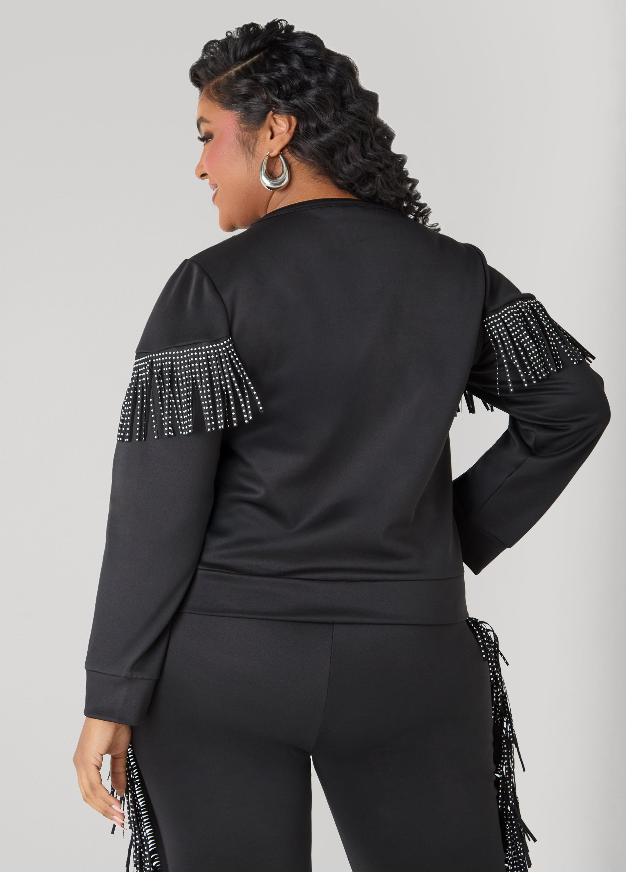 Studded Fringe Pullover Black | Ashley Stewart