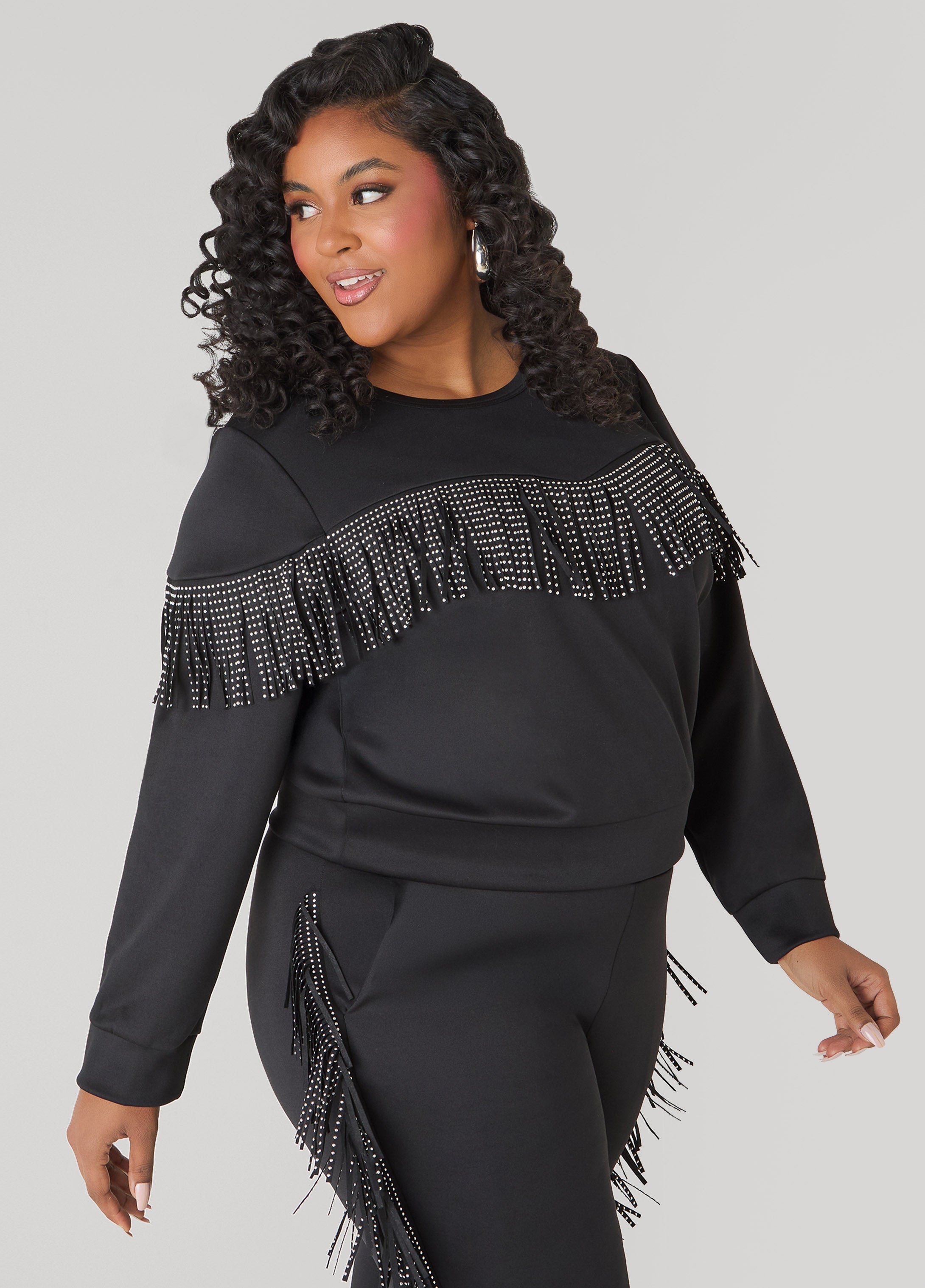 Studded Fringe Pullover Black | Ashley Stewart