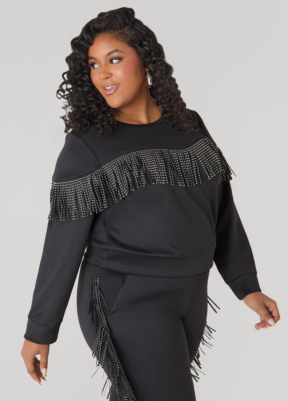 Studded Fringe Pullover Black | Ashley Stewart