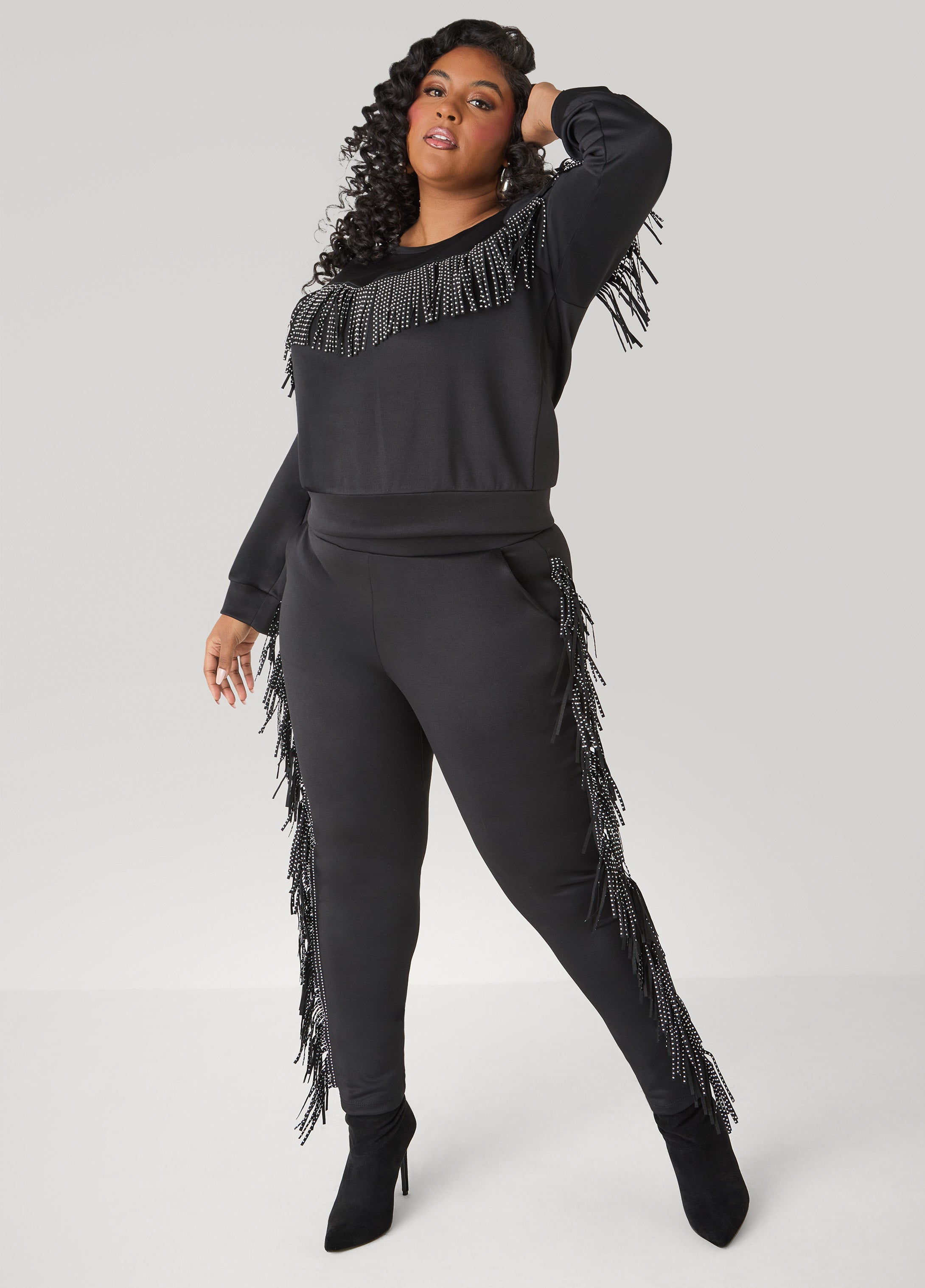 Studded Fringe Pullover Black | Ashley Stewart
