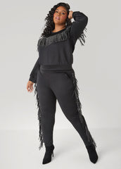 Studded Fringe Pullover Black | Ashley Stewart