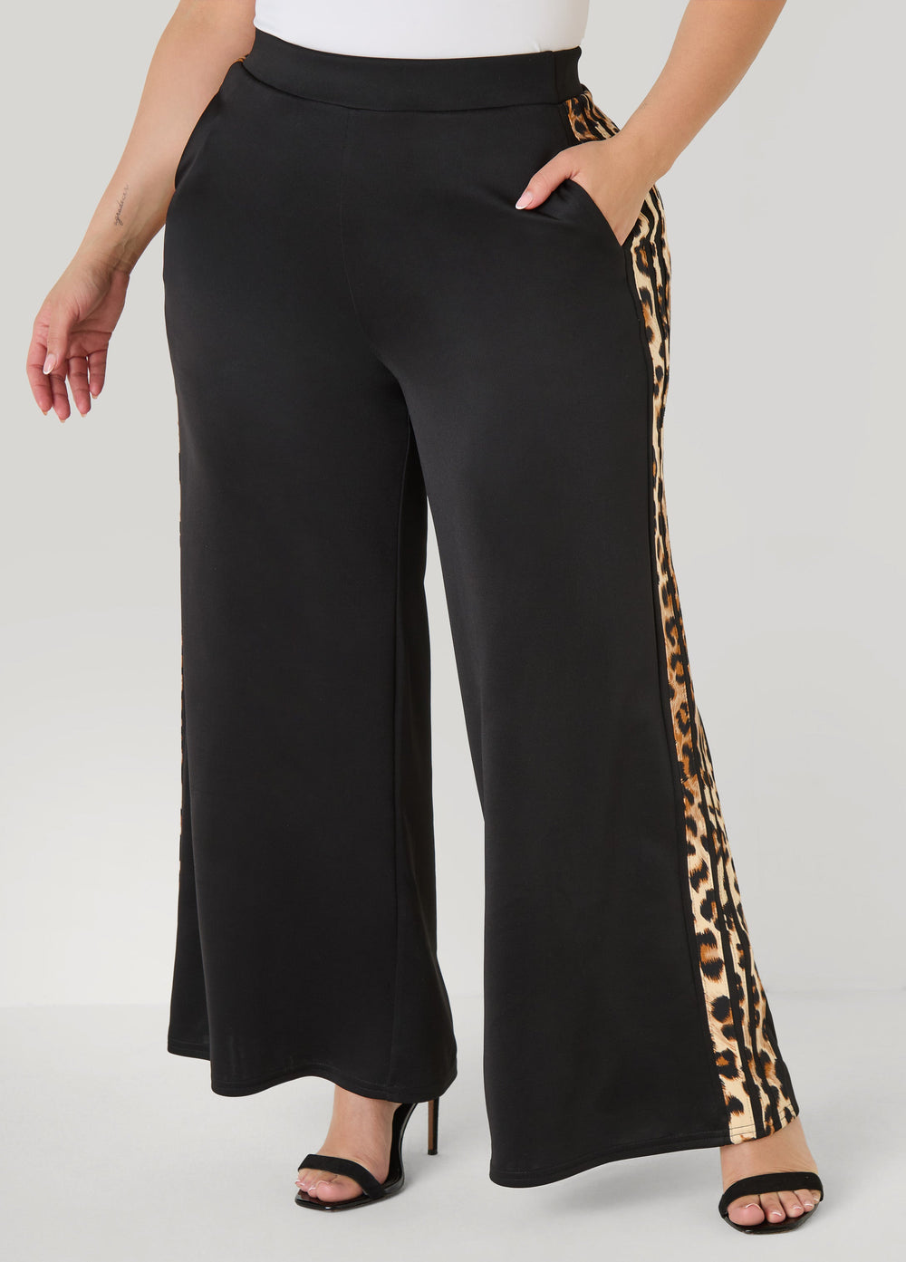 Animal Striped Wide Leg Pants Black | Ashley Stewart