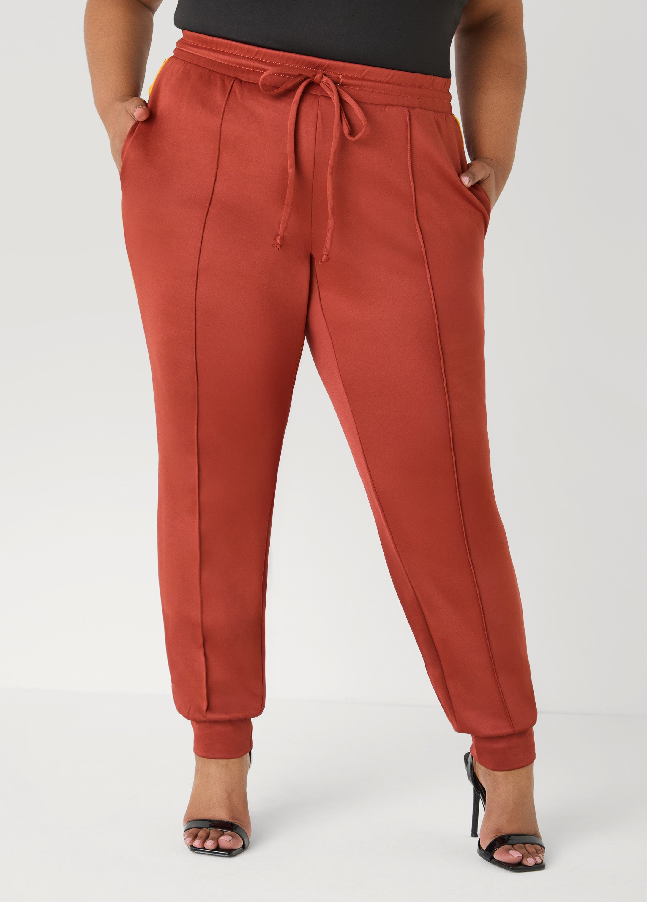 Pintucked Striped Joggers Burnt Henna | Ashley Stewart
