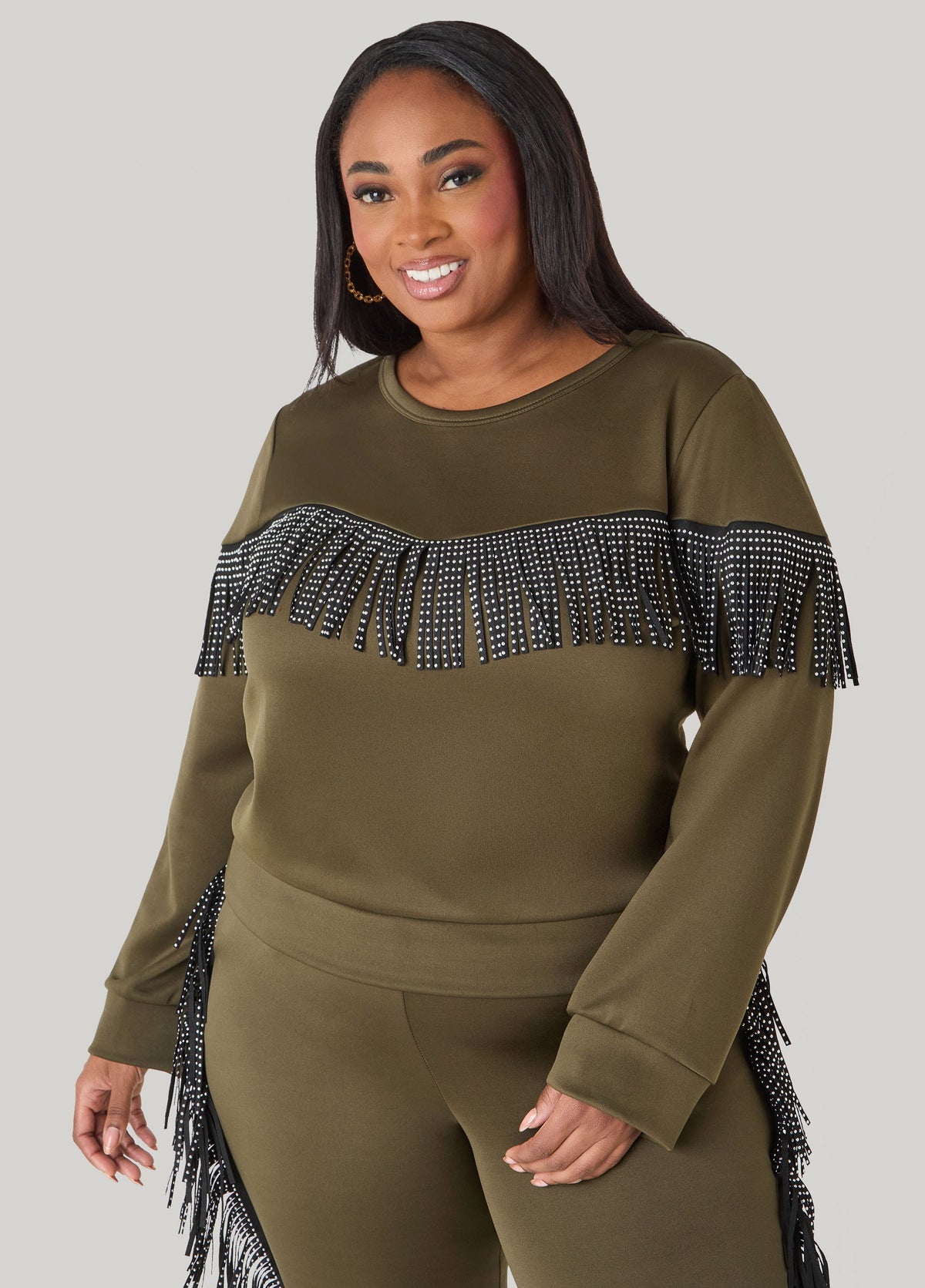 Studded Fringed Pullover Olive | Ashley Stewart