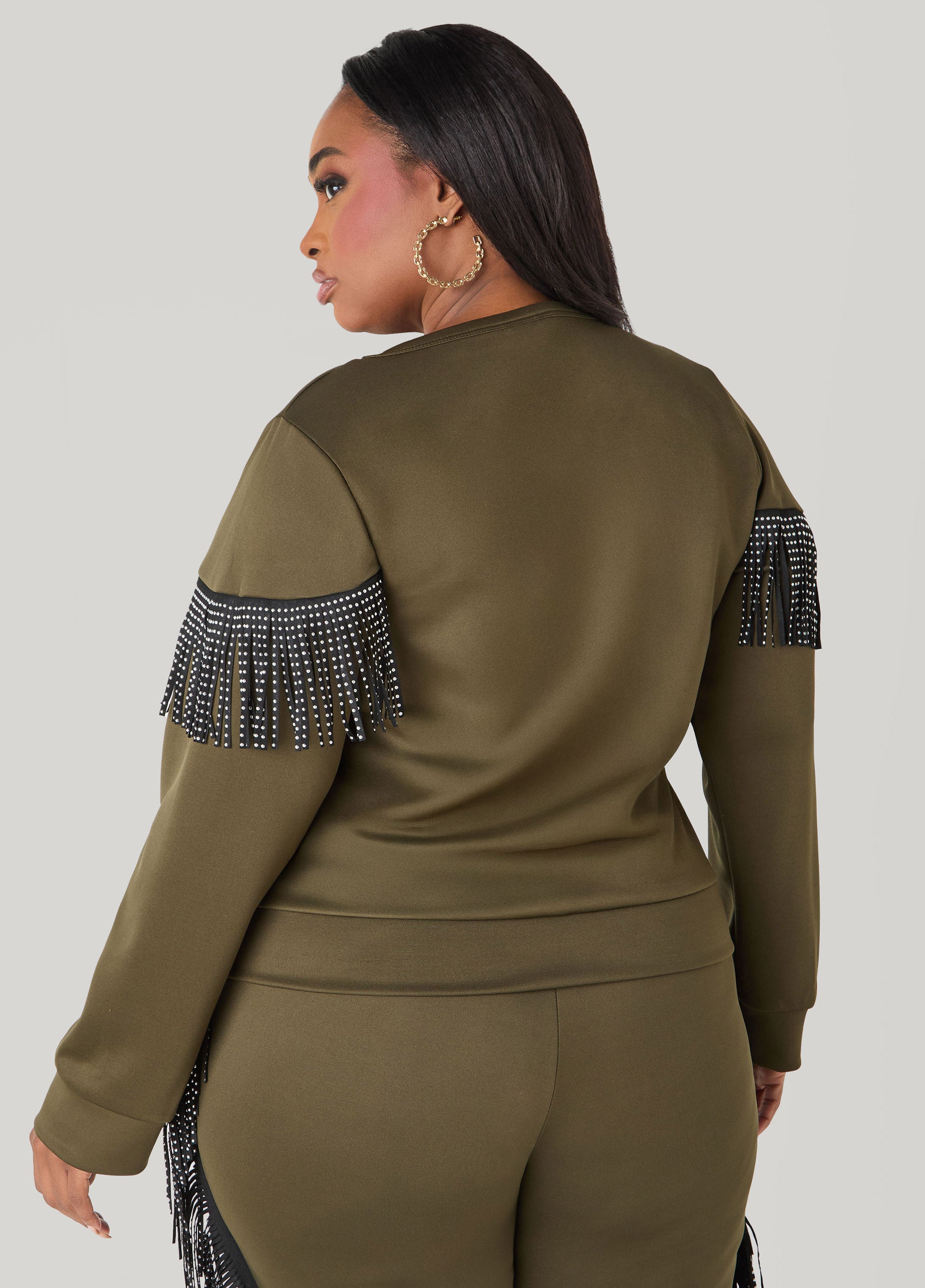 Studded Fringed Pullover Olive | Ashley Stewart