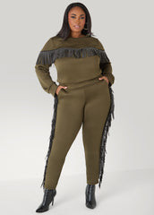 Studded Fringed Pullover Olive | Ashley Stewart
