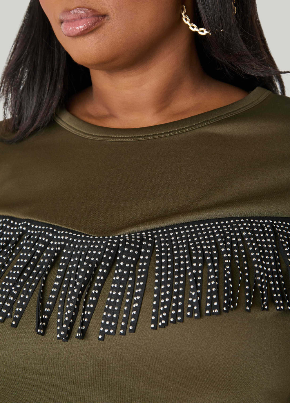 Studded Fringed Pullover Olive | Ashley Stewart