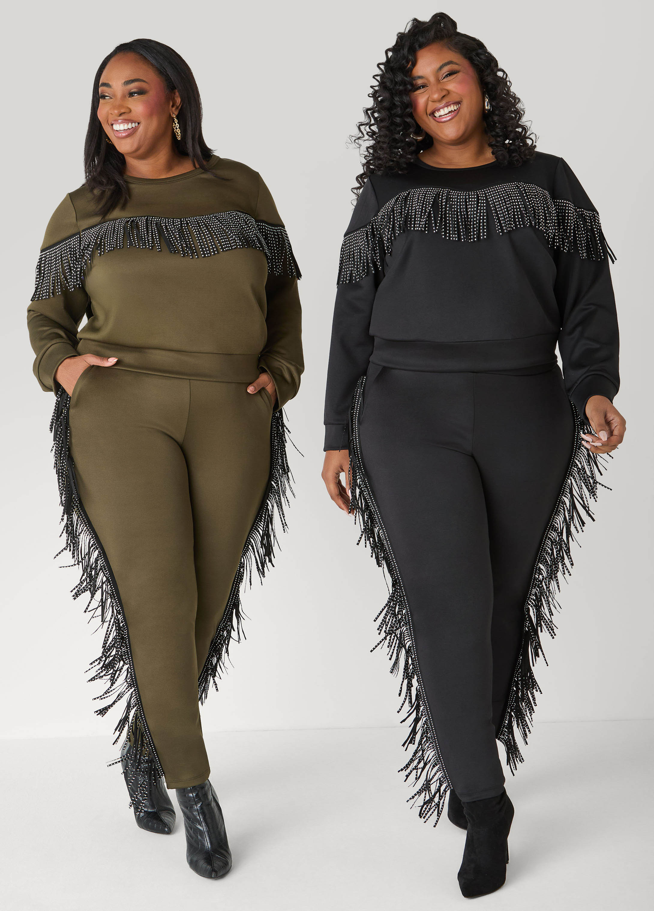 Studded Fringed Pullover Olive | Ashley Stewart