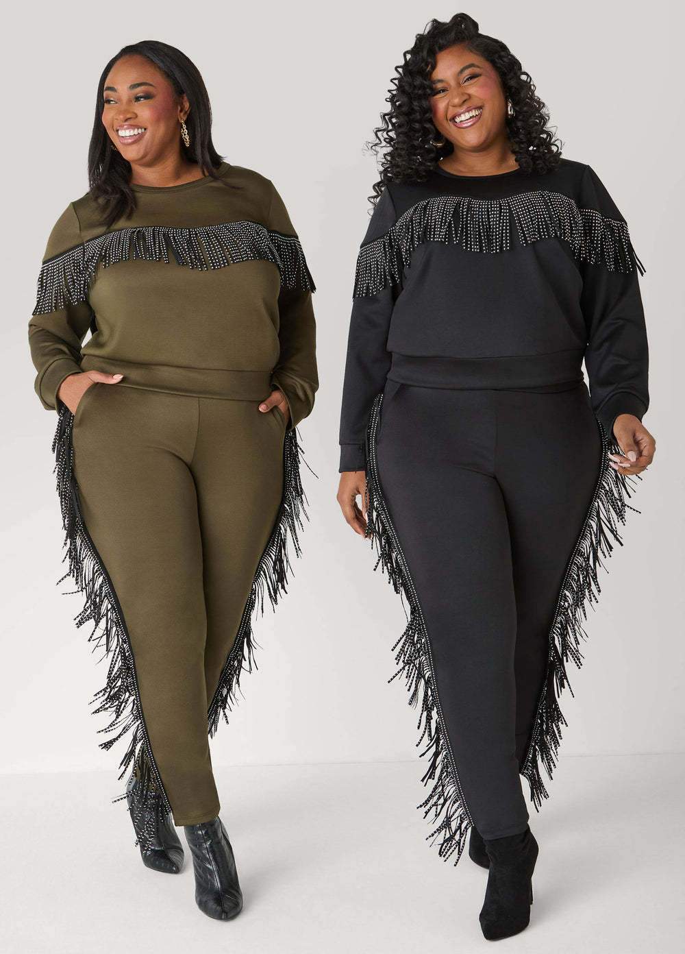 Studded Fringed Pullover Olive | Ashley Stewart