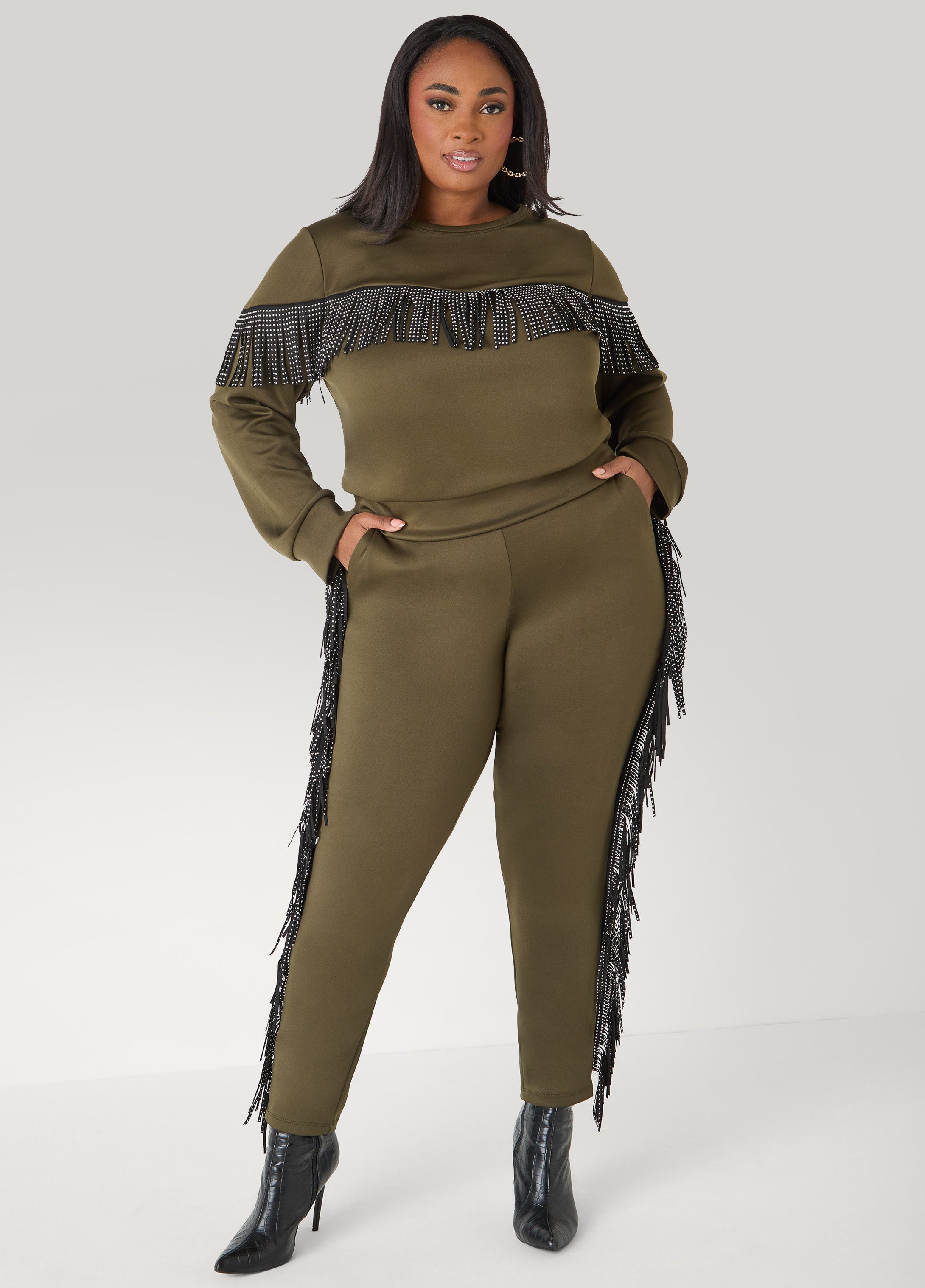 Studded Fringed Track Pants Olive | Ashley Stewart