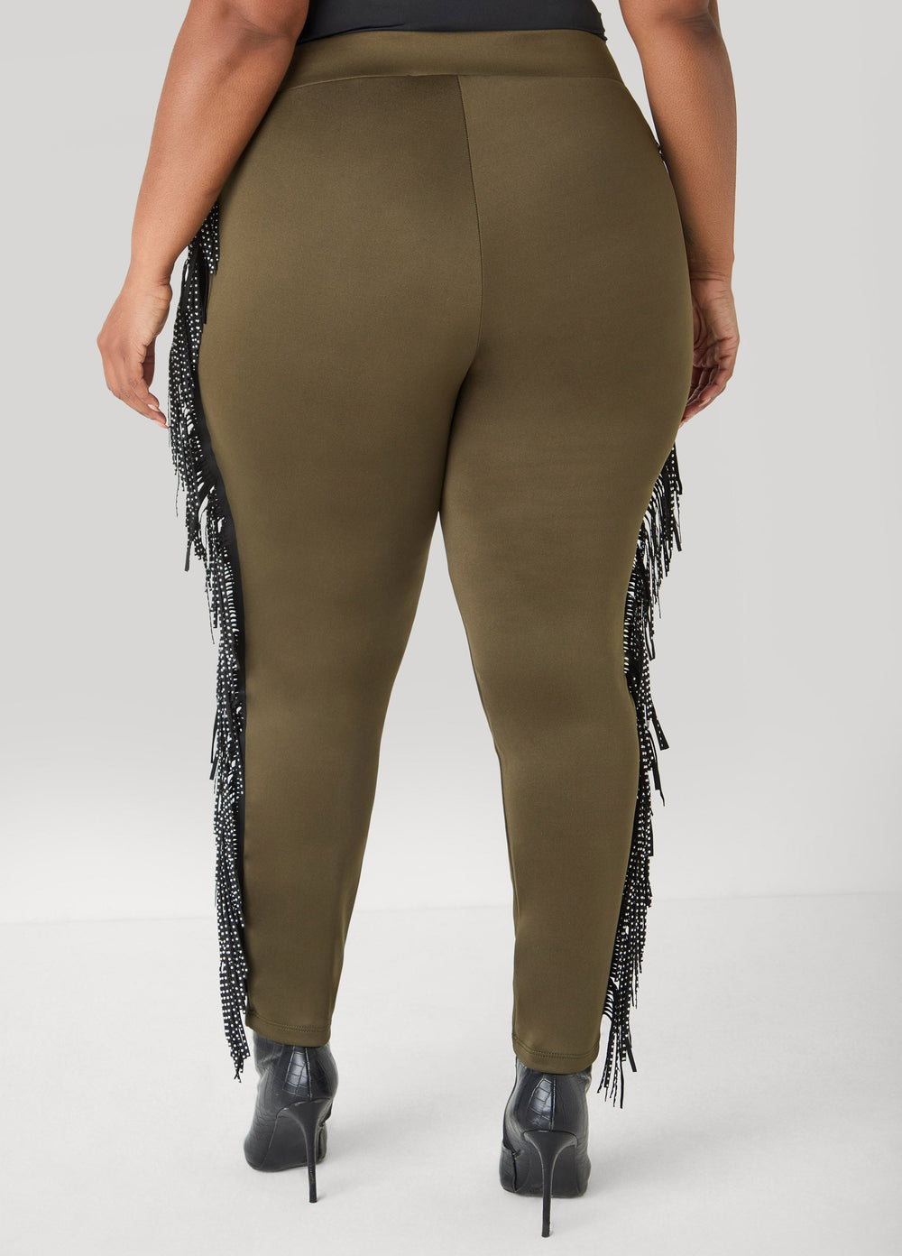 Studded Fringed Track Pants Olive | Ashley Stewart
