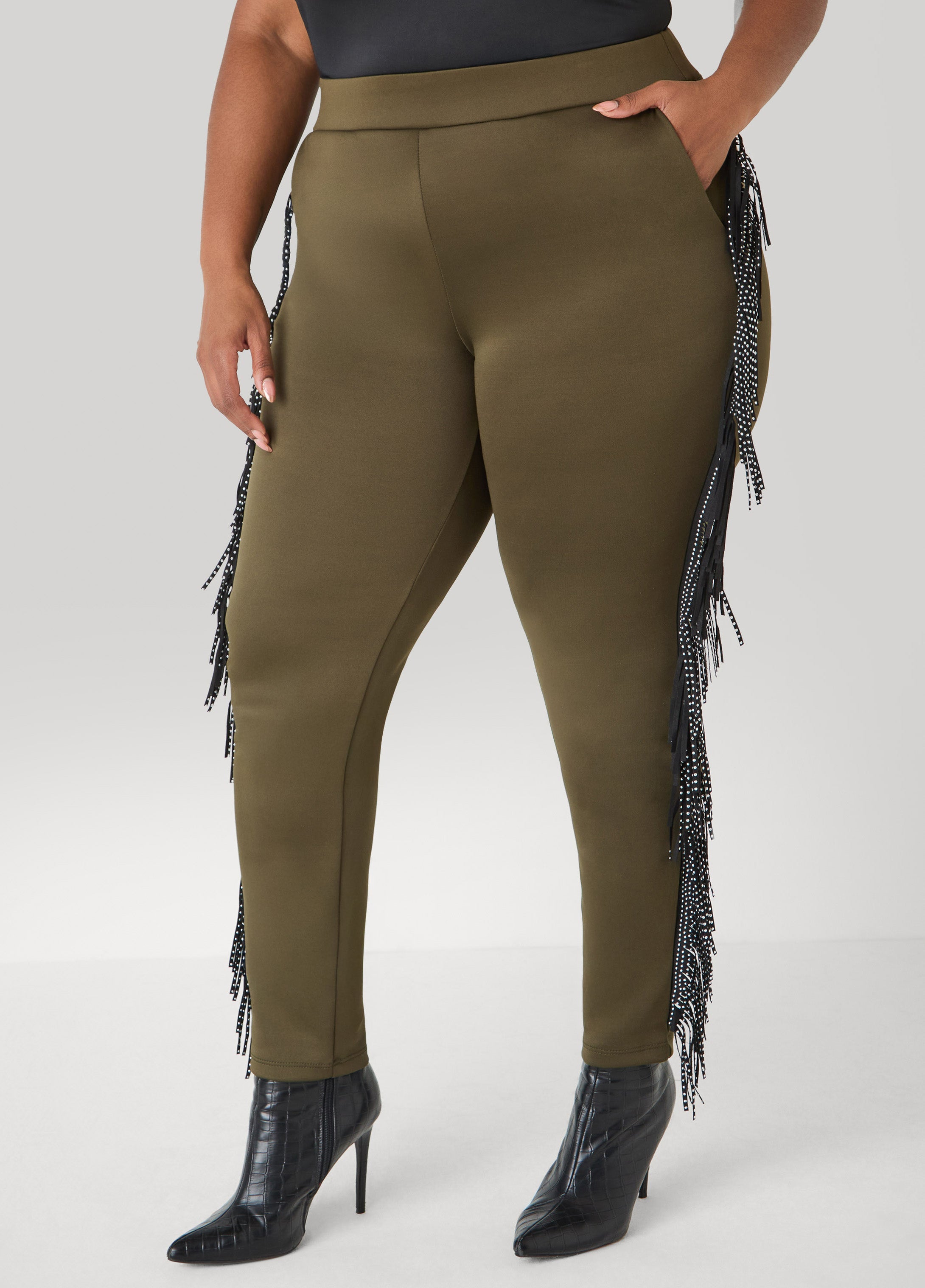 Studded Fringed Track Pants Olive | Ashley Stewart