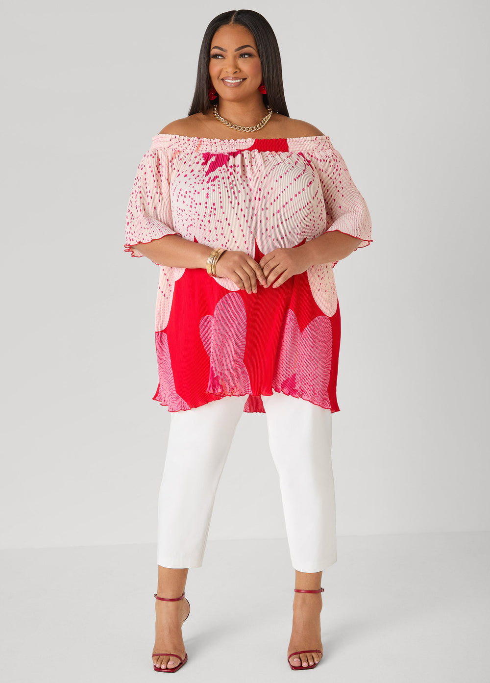 Off The Shoulder Floral Plisse Top Pink Yarrow | Ashley Stewart