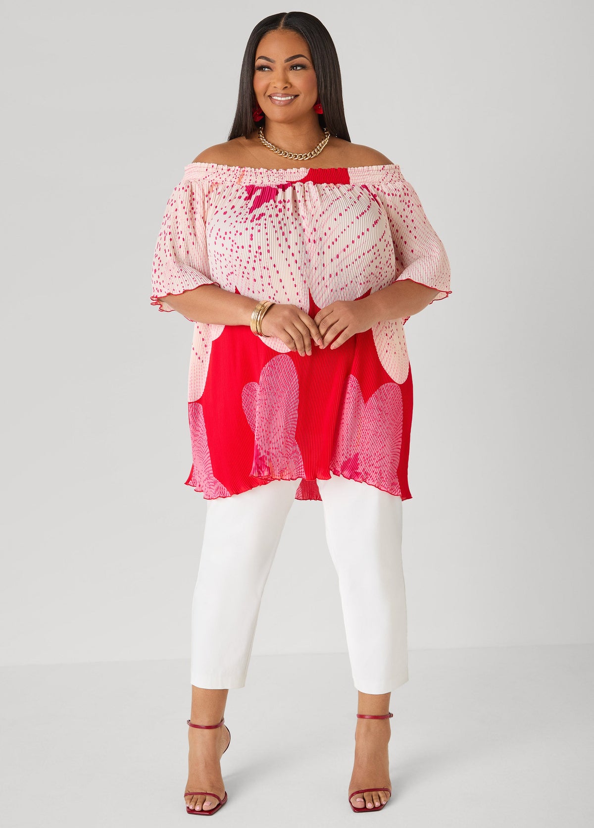 Off The Shoulder Floral Plisse Top Pink Yarrow | Ashley Stewart