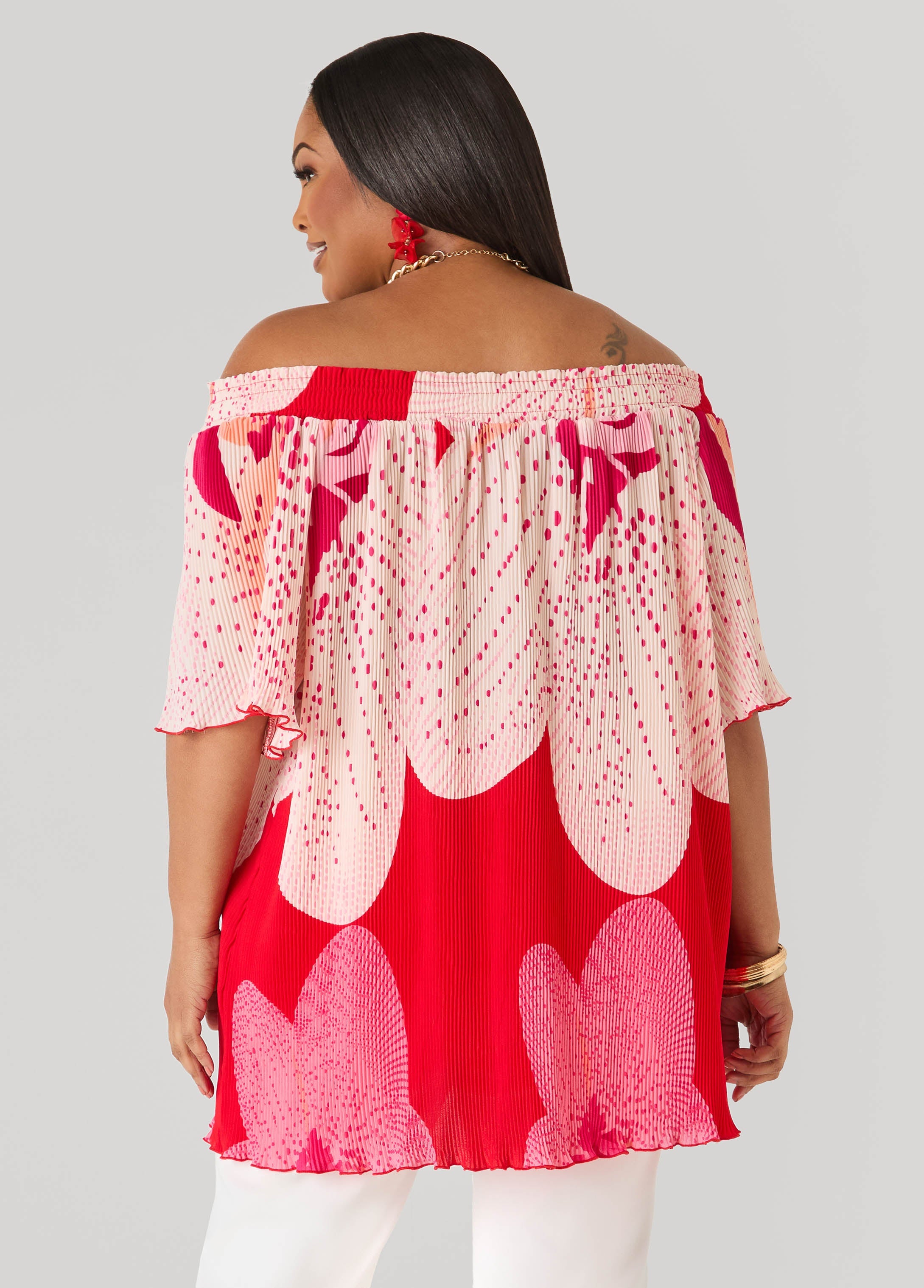 Off The Shoulder Floral Plisse Top Pink Yarrow | Ashley Stewart