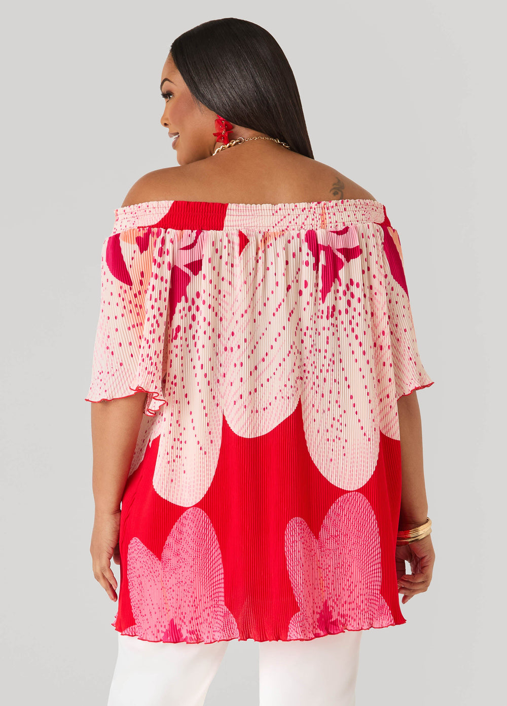 Off The Shoulder Floral Plisse Top Pink Yarrow | Ashley Stewart