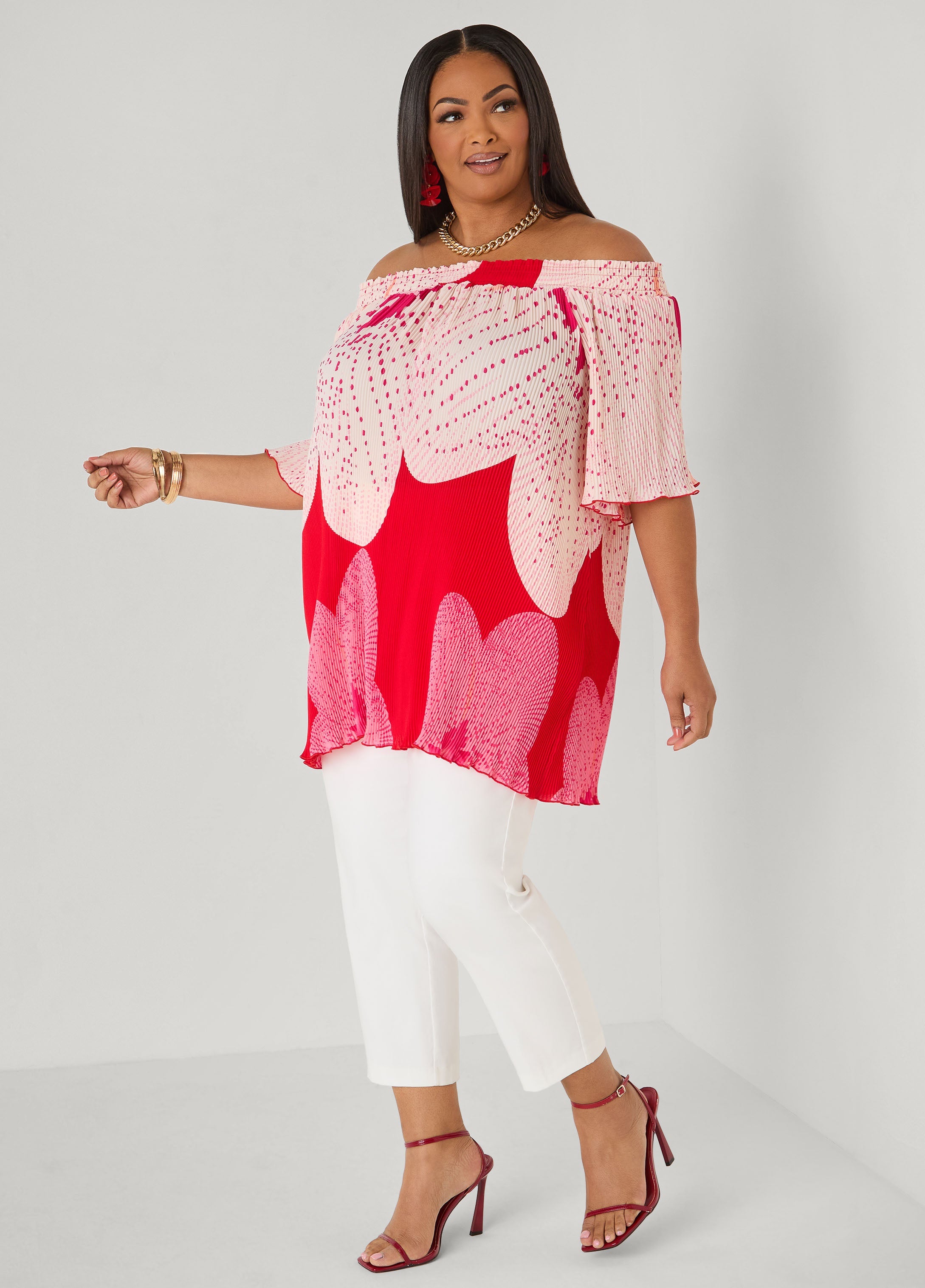 Off The Shoulder Floral Plisse Top Pink Yarrow | Ashley Stewart