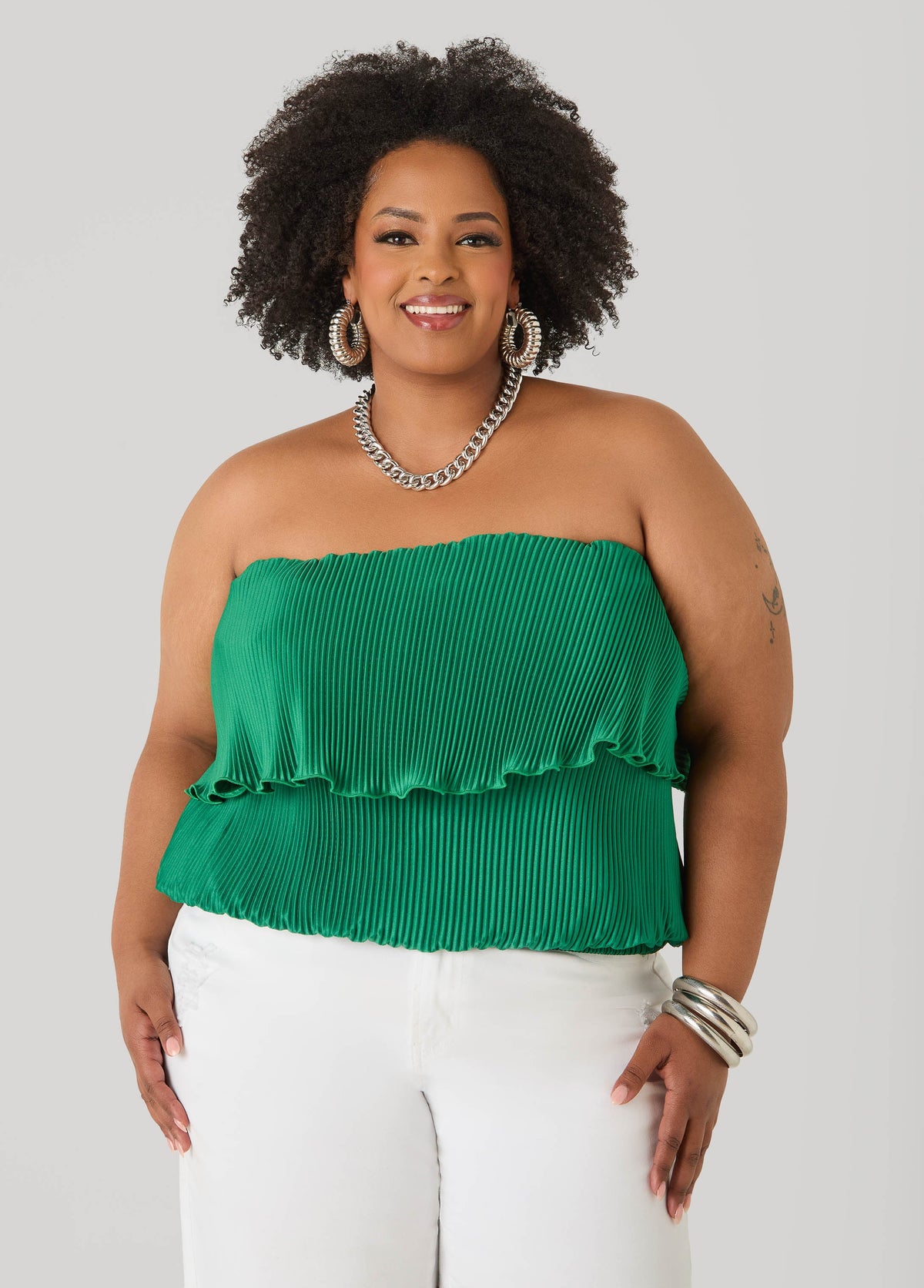 Strapless Plisse Satin Top Amazon | Ashley Stewart