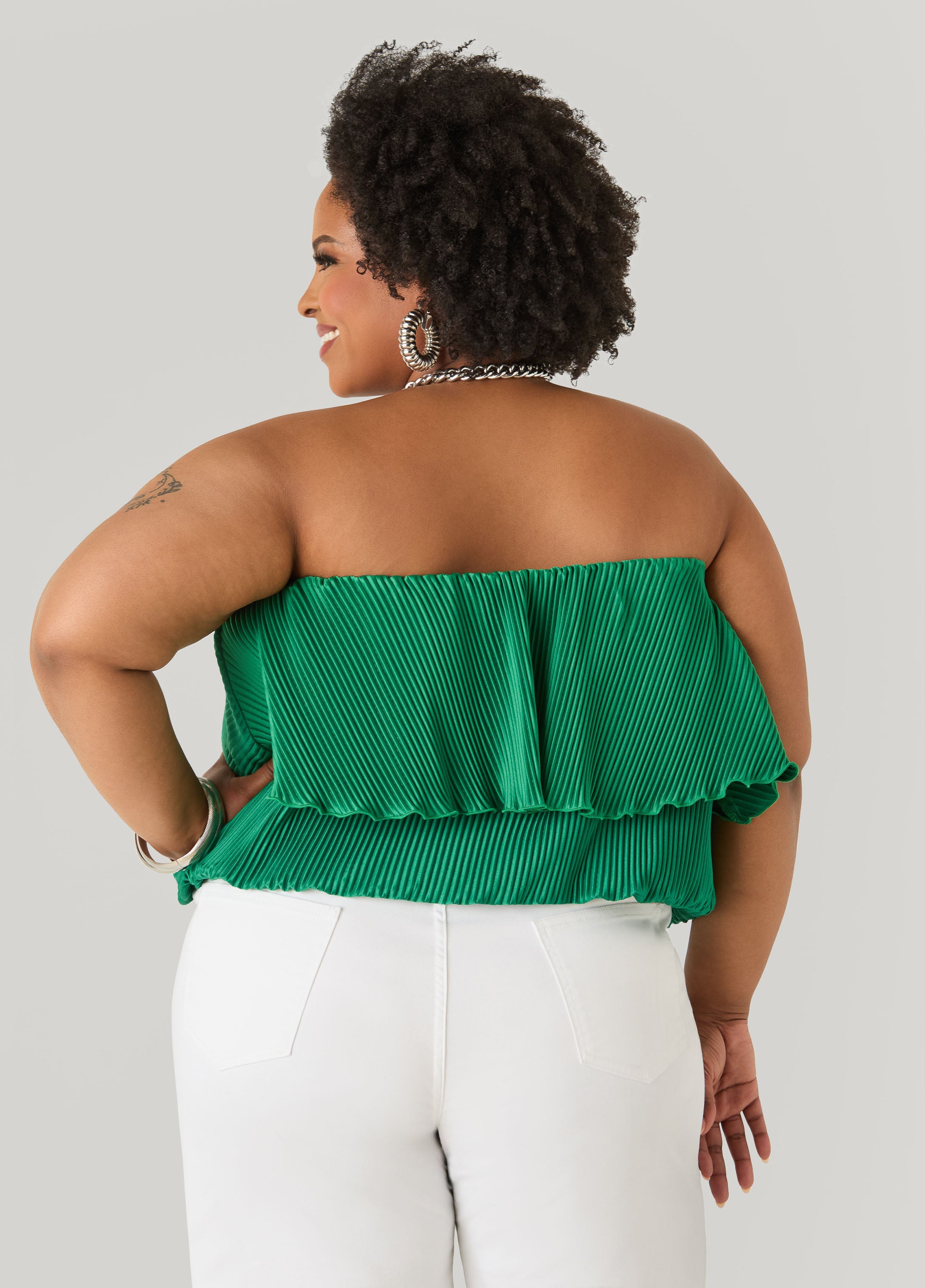 Strapless Plisse Satin Top Amazon | Ashley Stewart