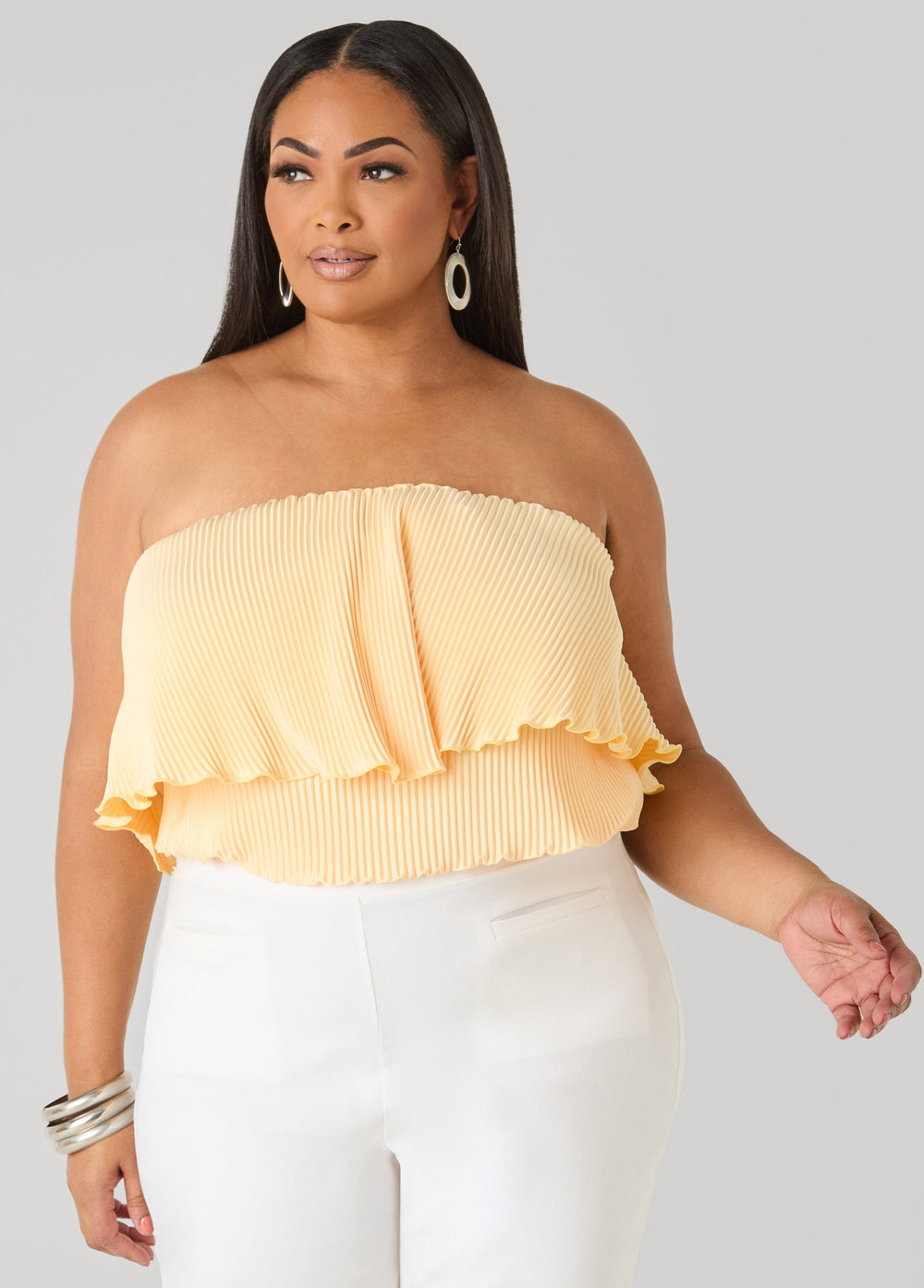 Strapless Plisse Satin Top Amazon | Ashley Stewart