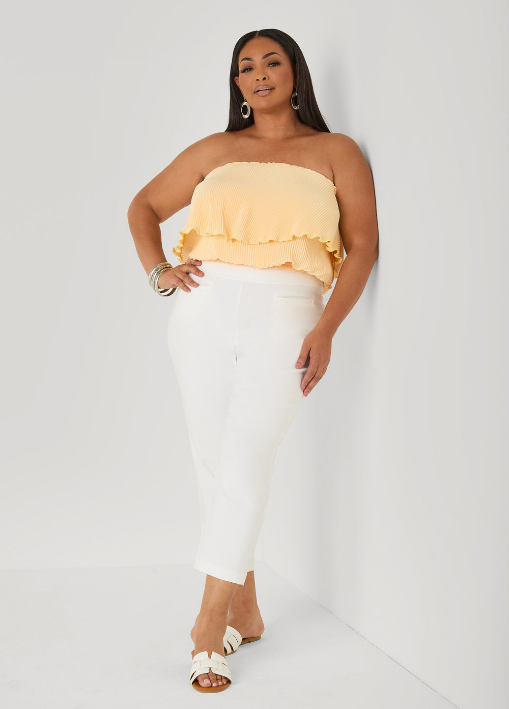 Strapless Plisse Satin Top Amazon | Ashley Stewart