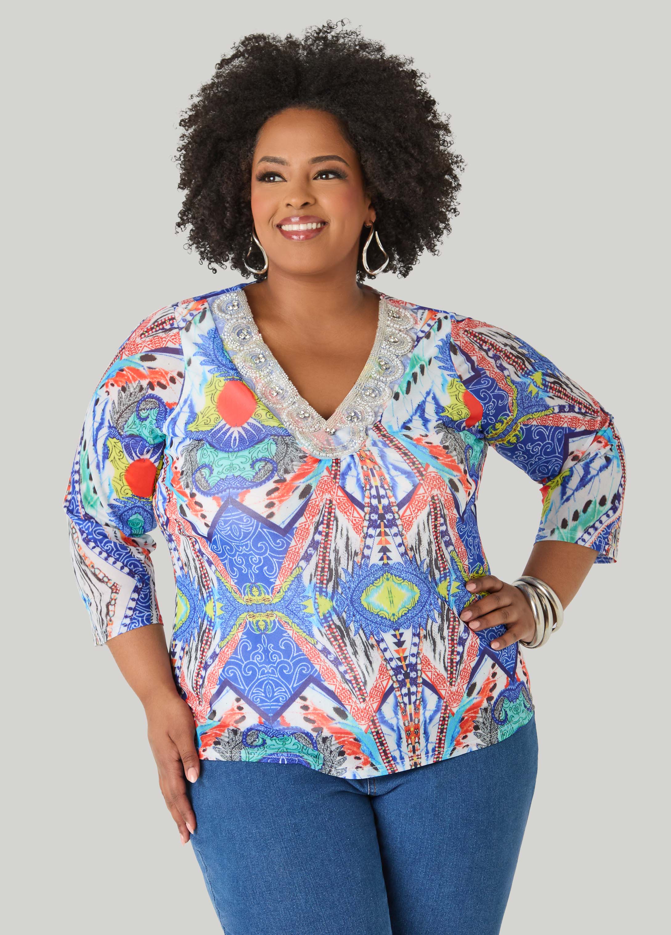 Embellished Printed Mesh Top Multi | Ashley Stewart