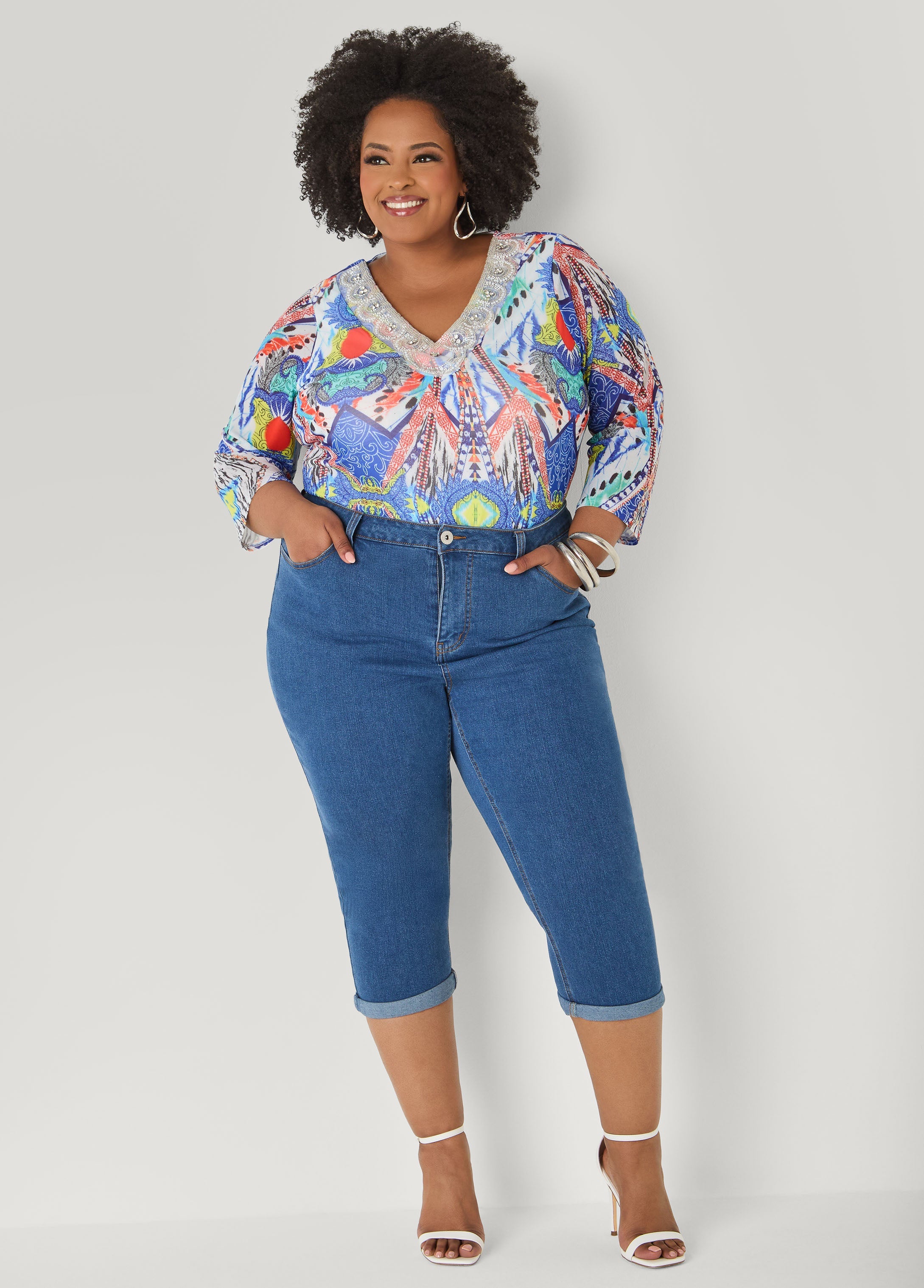 Embellished Printed Mesh Top Multi | Ashley Stewart