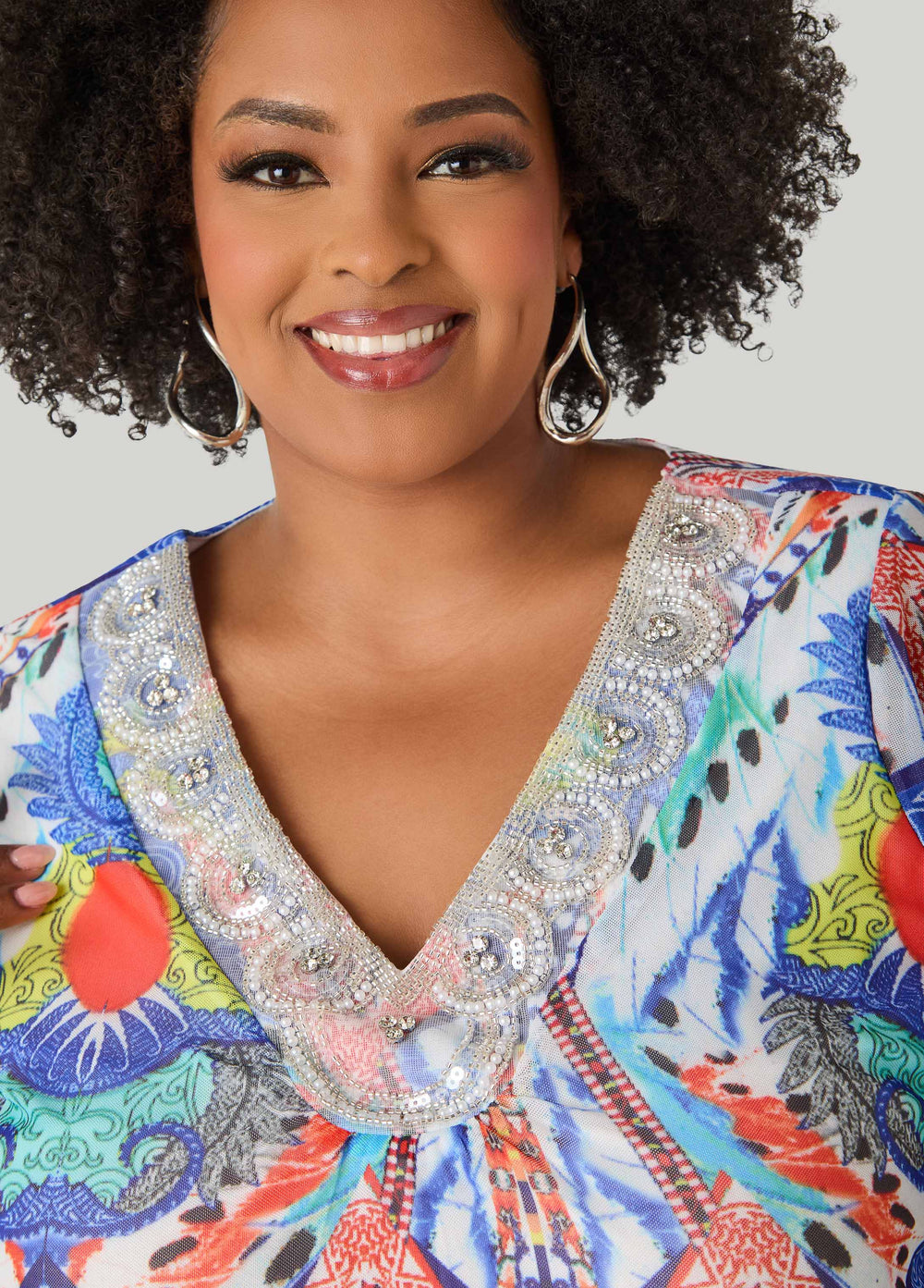 Embellished Printed Mesh Top Multi | Ashley Stewart