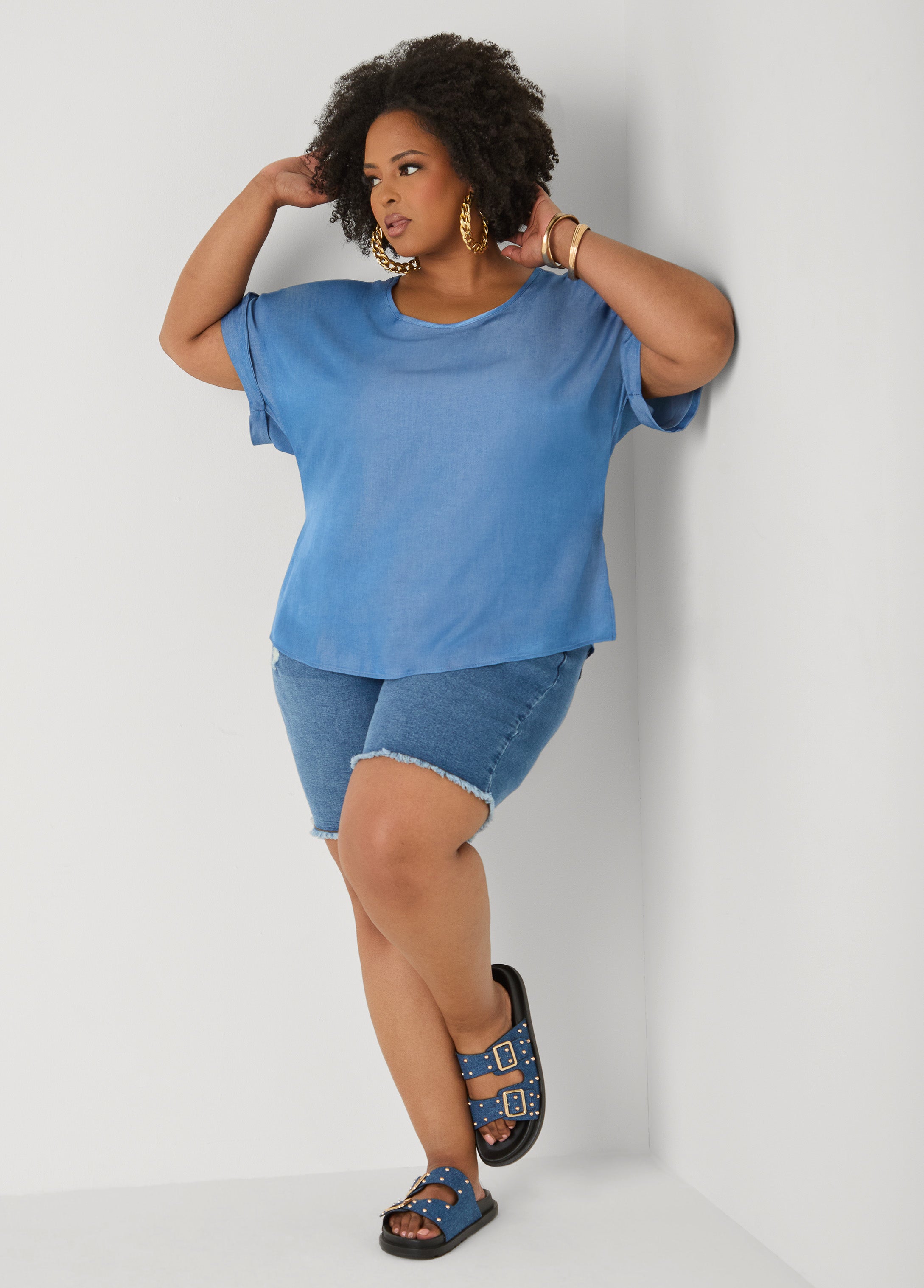 Plus Size Dolman Blouse | Relaxed Fit in Chambray Blue & Blush Pink Denim | Ashley Stewart