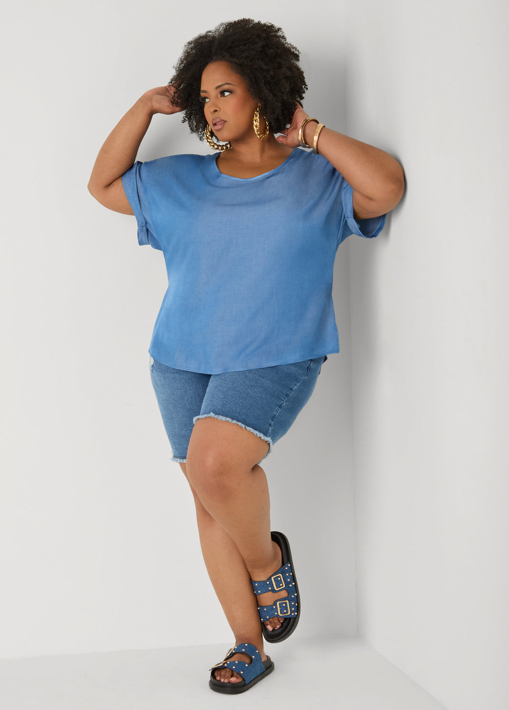Plus Size Dolman Blouse | Relaxed Fit in Chambray Blue & Blush Pink Denim | Ashley Stewart