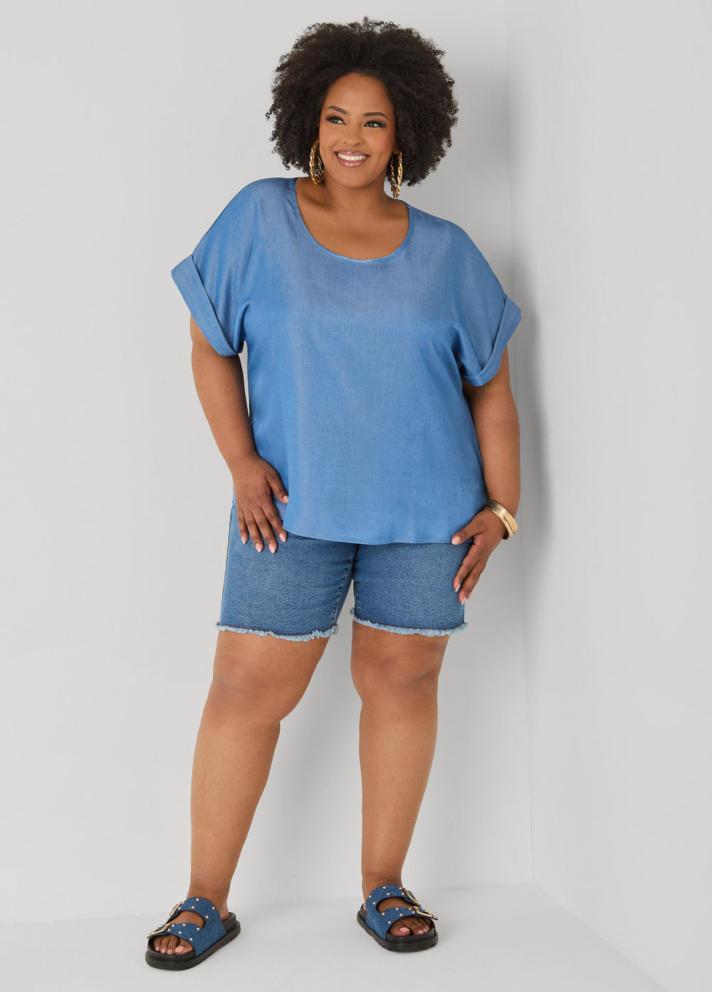 Plus Size Dolman Blouse | Relaxed Fit in Chambray Blue & Blush Pink Denim | Ashley Stewart