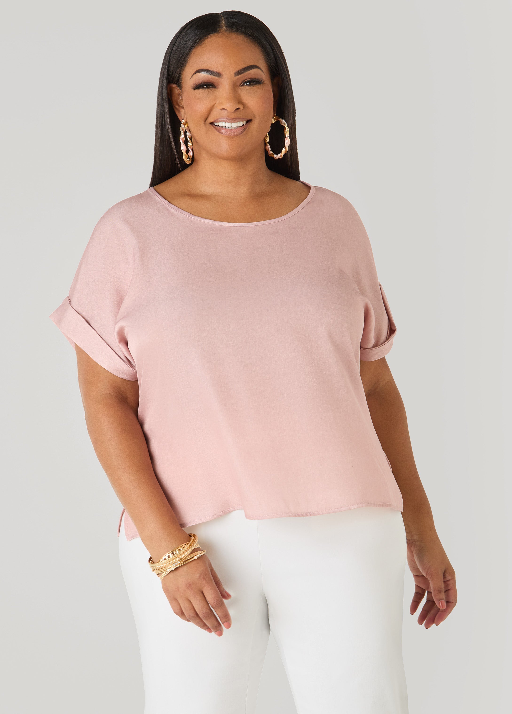 Plus Size Dolman Blouse | Relaxed Fit in Chambray Blue & Blush Pink Denim | Ashley Stewart