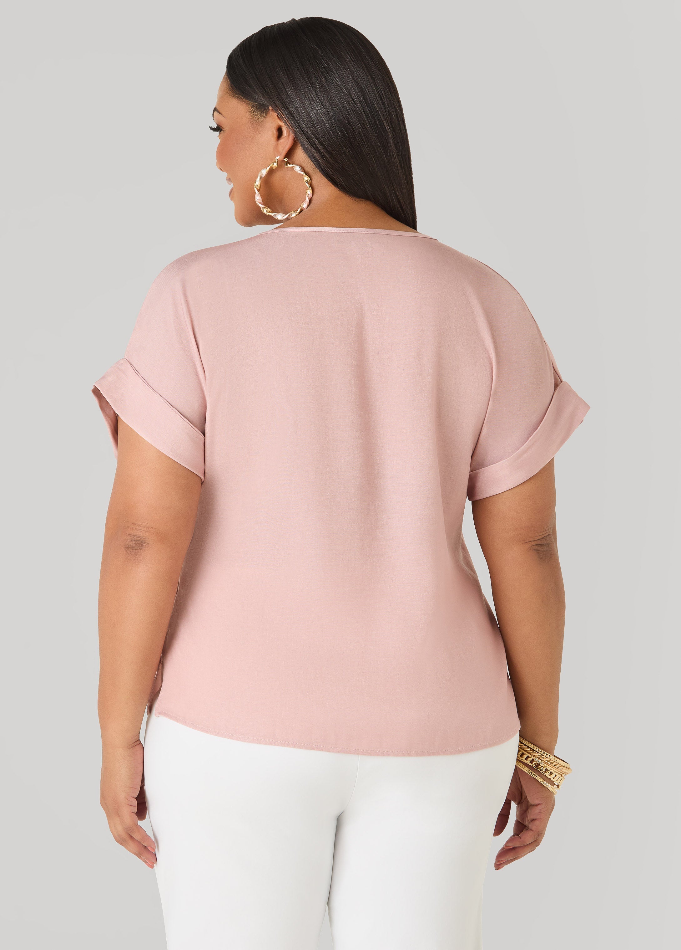Plus Size Dolman Blouse | Relaxed Fit in Chambray Blue & Blush Pink Denim | Ashley Stewart