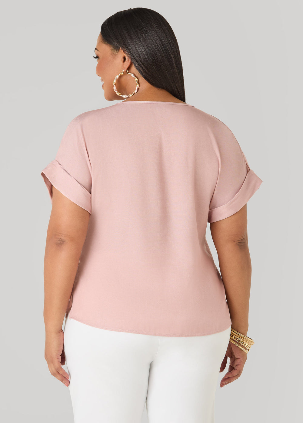 Plus Size Dolman Blouse | Relaxed Fit in Chambray Blue & Blush Pink Denim | Ashley Stewart