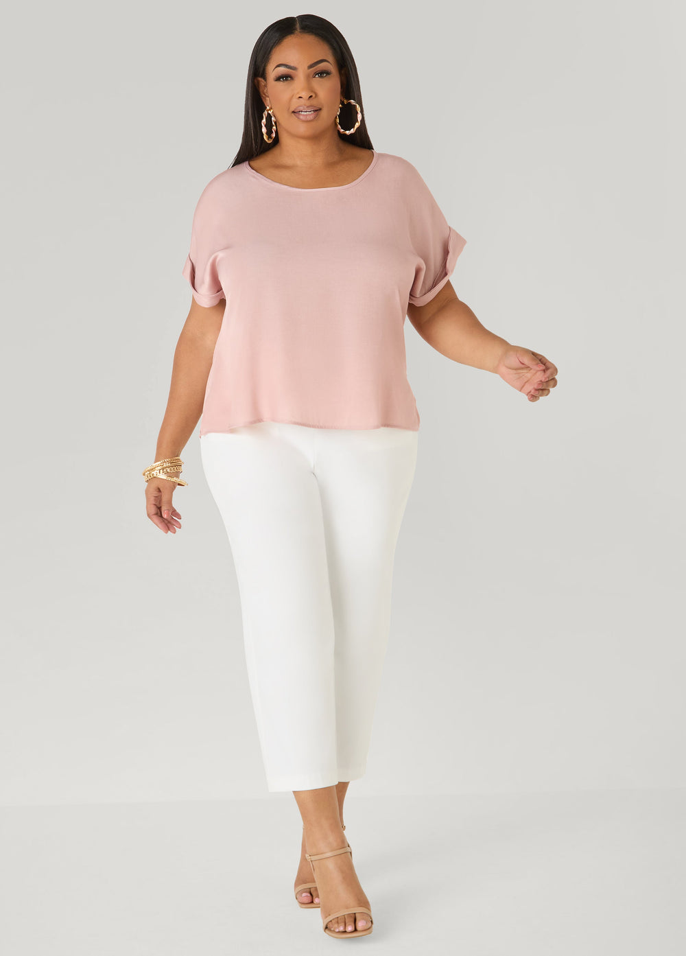 Plus Size Dolman Blouse | Relaxed Fit in Chambray Blue & Blush Pink Denim | Ashley Stewart