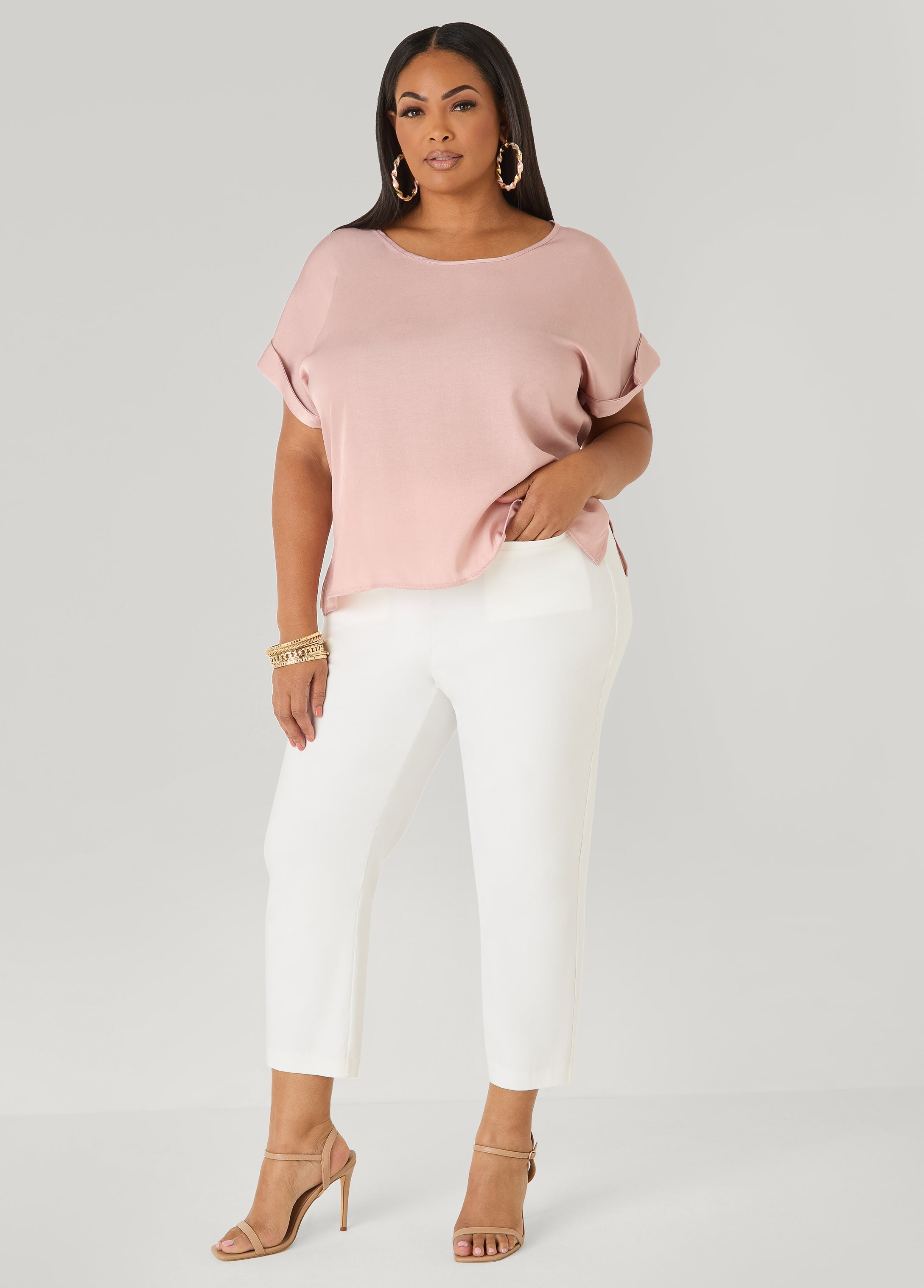Plus Size Dolman Blouse | Relaxed Fit in Chambray Blue & Blush Pink Denim | Ashley Stewart