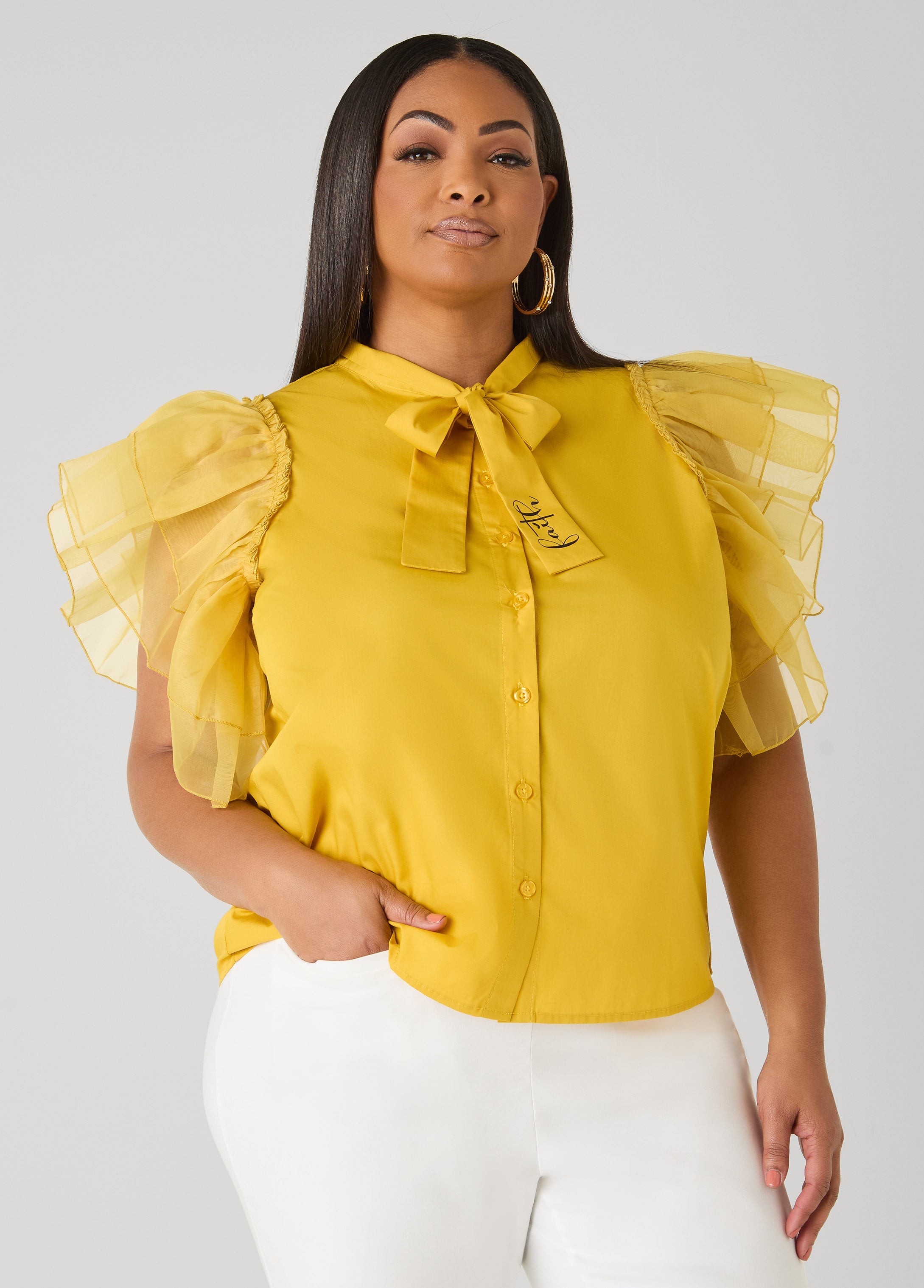 Organza Sleeved Faith Shirt White | Ashley Stewart