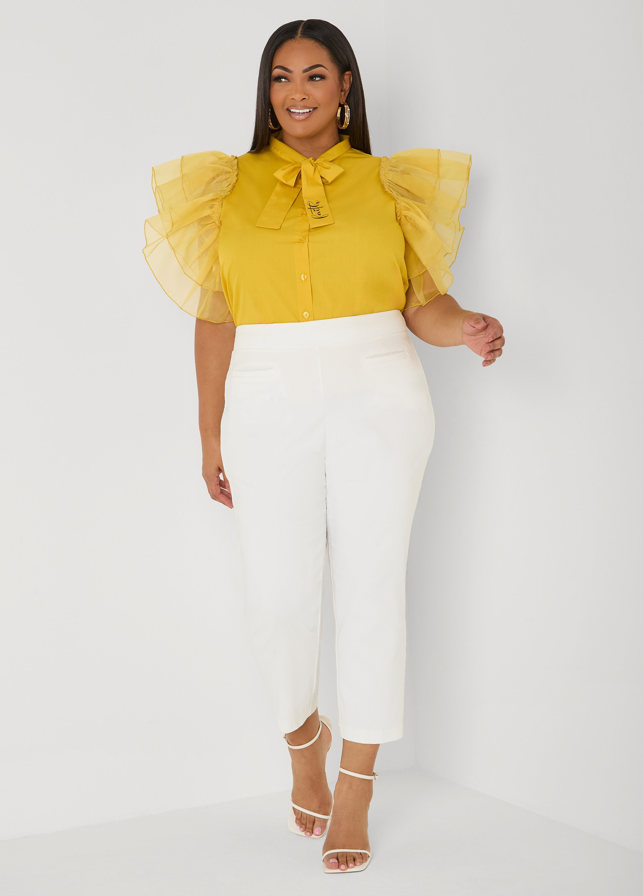 Organza Sleeved Faith Shirt White | Ashley Stewart