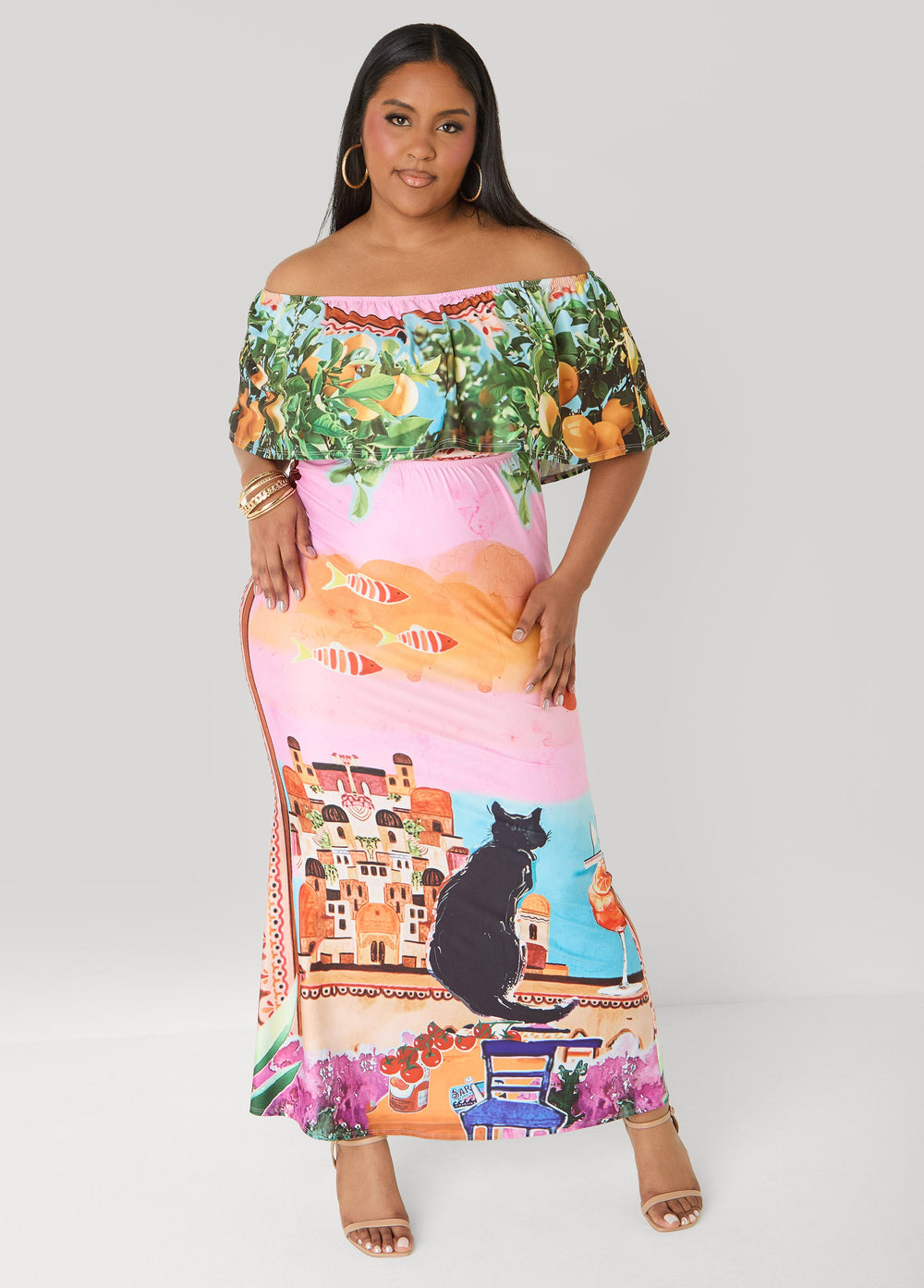 Tall Printed Off The Shoulder Dress Multi | Ashley Stewart