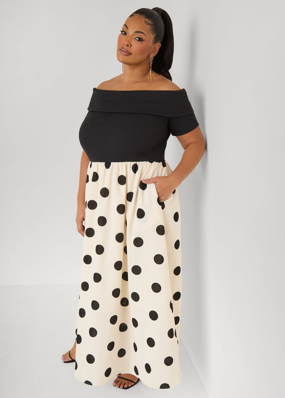 Tall Off The Shoulder Polka Dot Dress White Black | Ashley Stewart