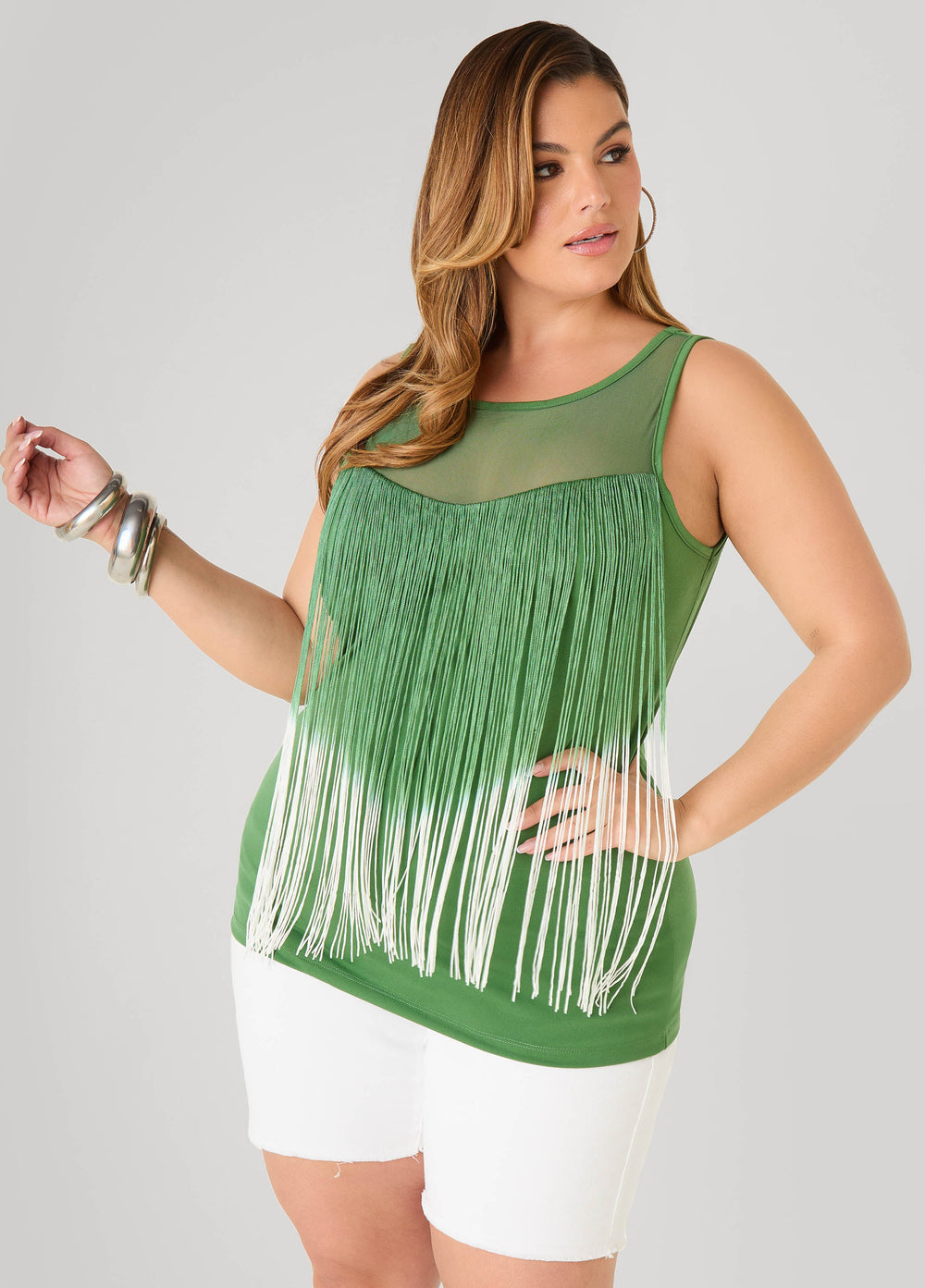 Mesh Paneled Fringed Top FAIRWAY | Ashley Stewart