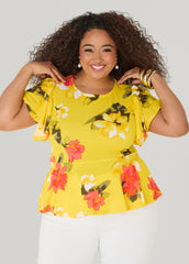Floral Peplum Top Canary Yellow | Ashley Stewart