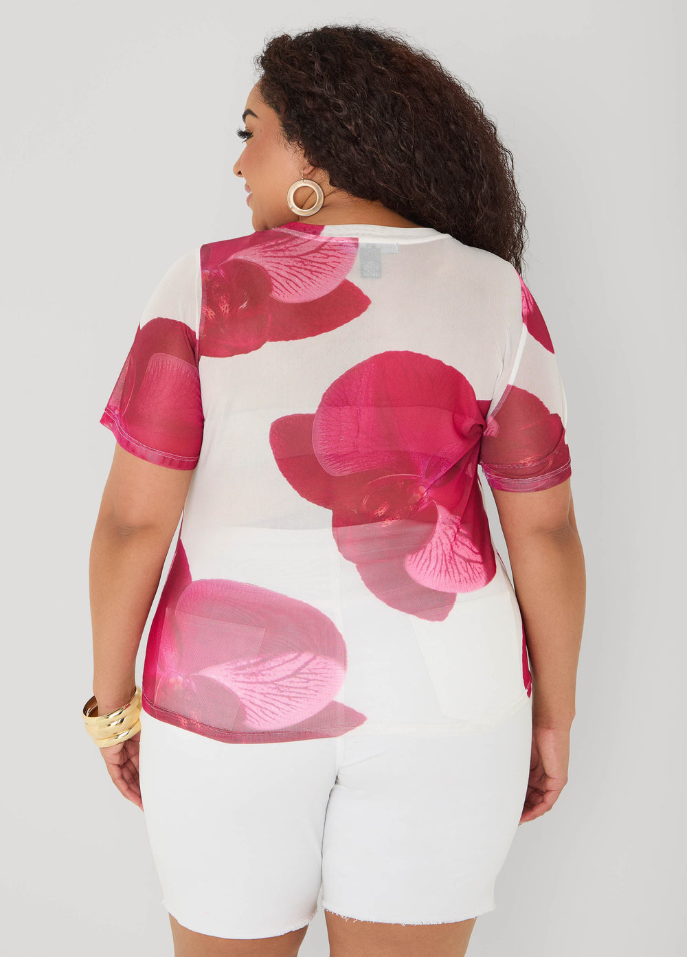 Floral Print Mesh Tee White | Ashley Stewart