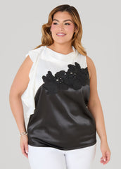 Two Tone Floral Applique Blouse Black White | Ashley Stewart