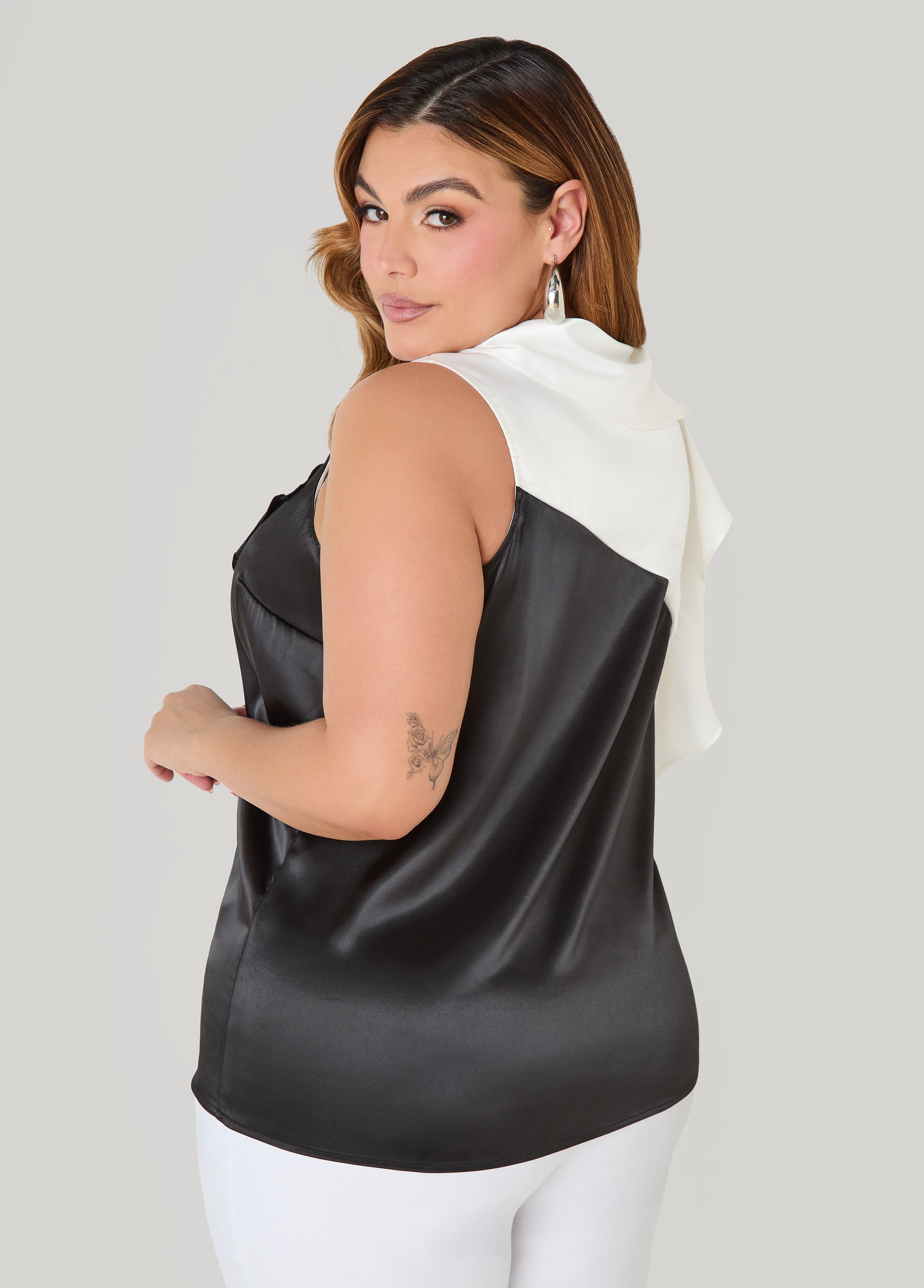 Two Tone Floral Applique Blouse Black White | Ashley Stewart