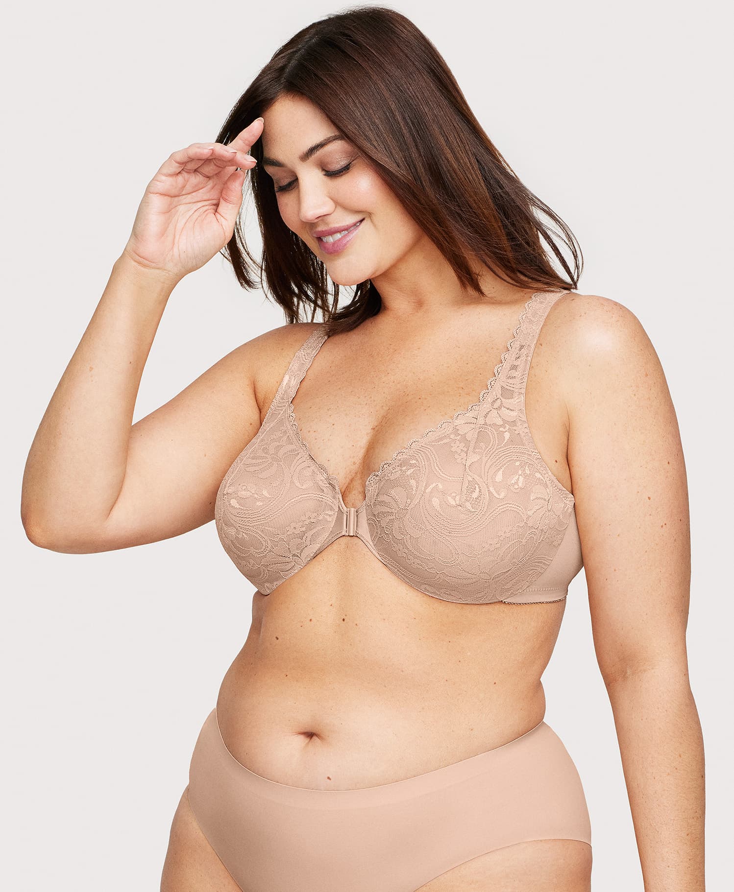 Front-Closure Stretch Lace WonderWire Bra Cafe | Ashley Stewart
